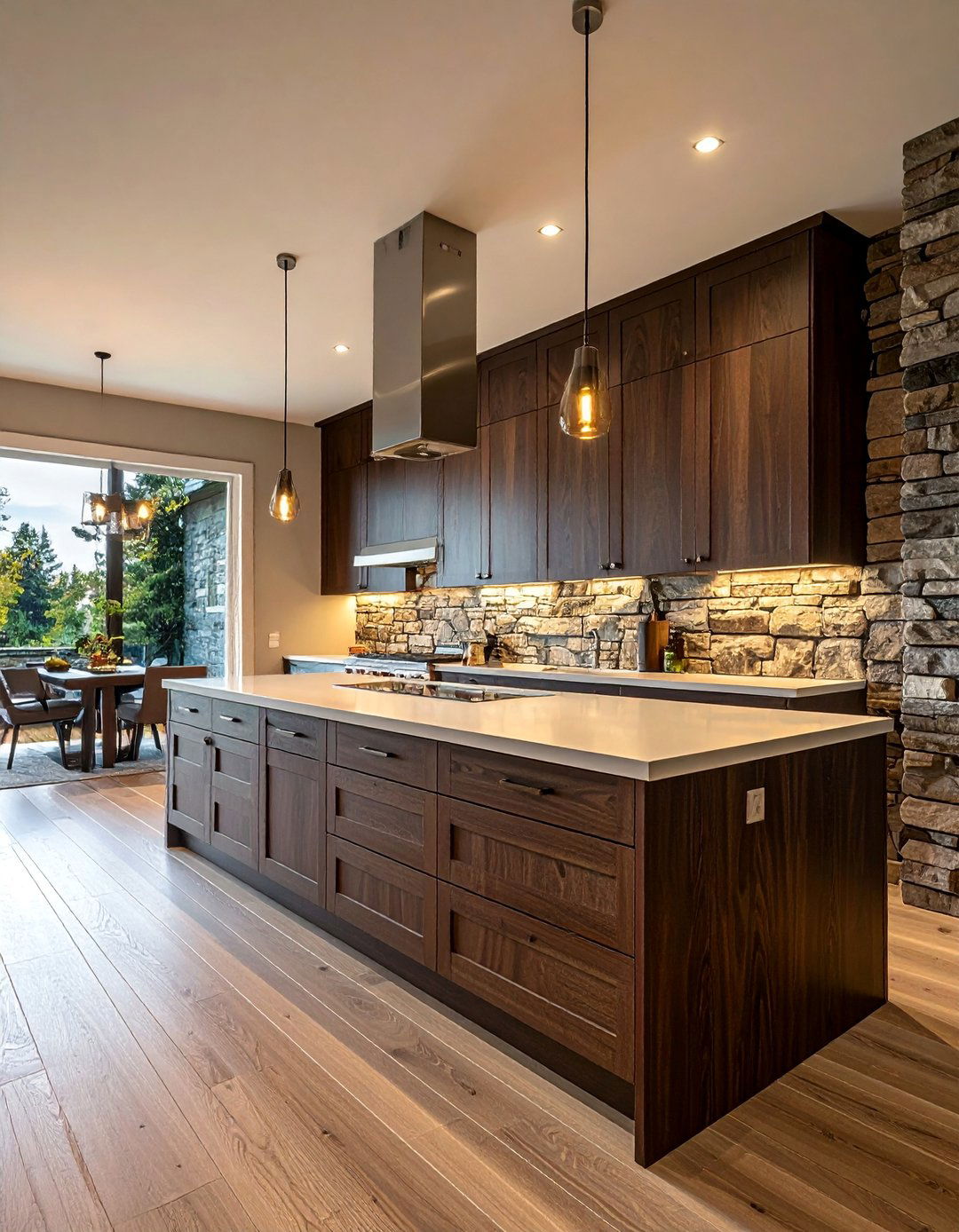 Dark Wood Kitchen Cabinets with a Stone Accent Wall - 30 Dark Wood Kitchen Cabinets for a Timeless Look