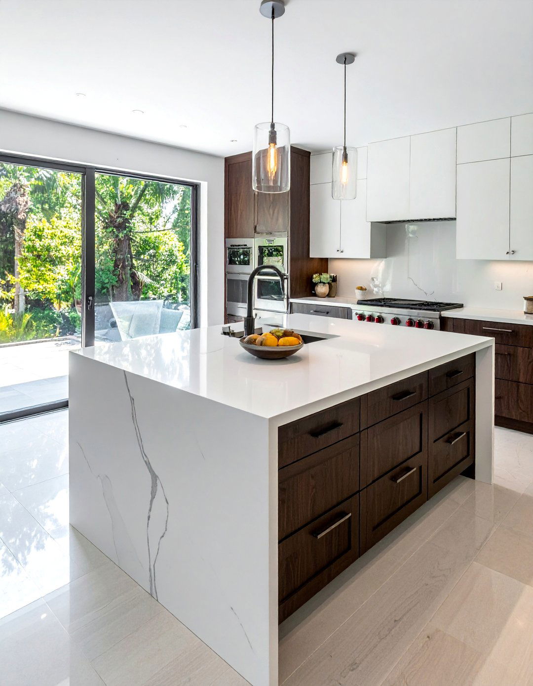 Dark Wood Kitchen Cabinets with a Waterfall Island - 30 Dark Wood Kitchen Cabinets for a Timeless Look