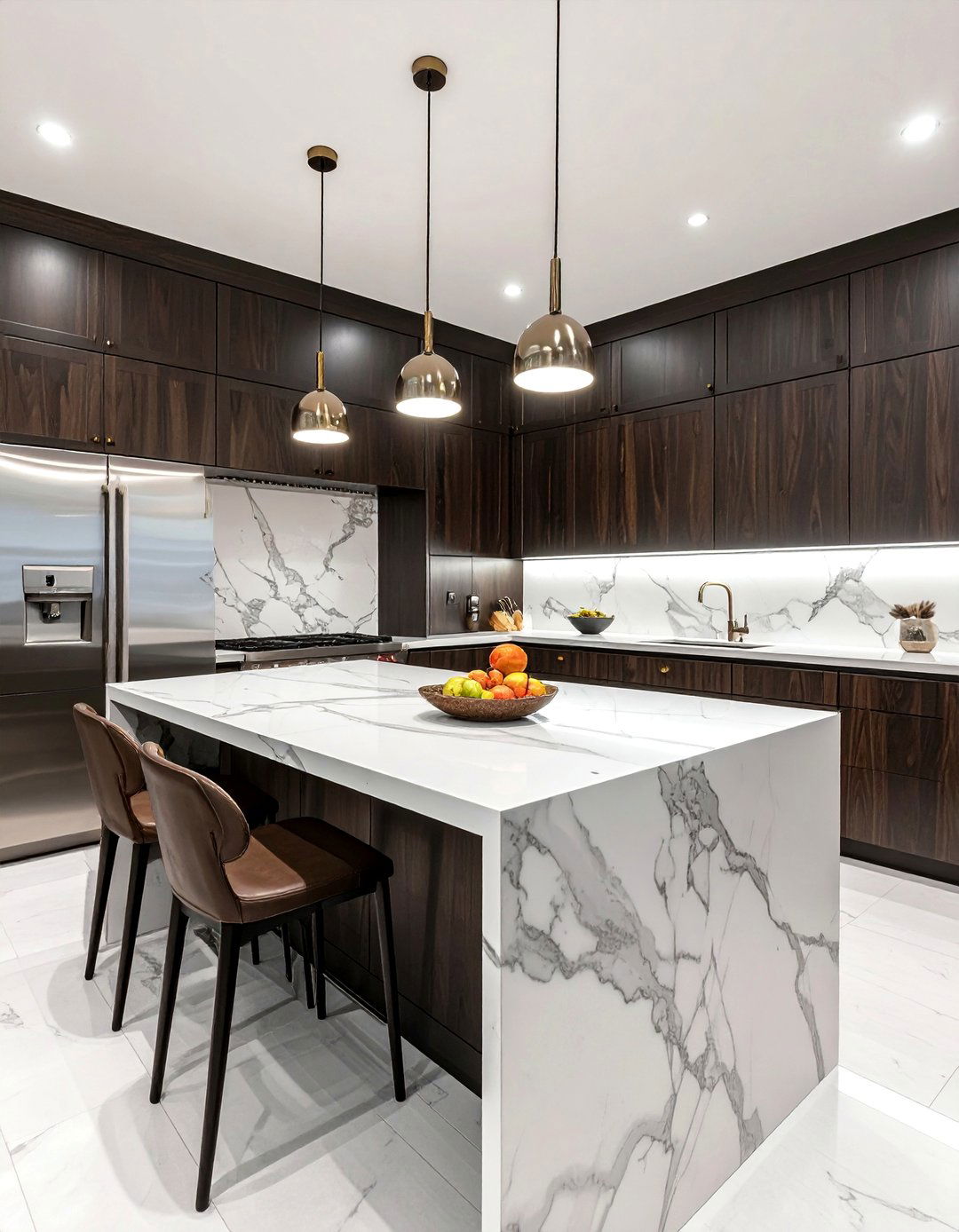 Dark Wood Kitchen Cabinets with a White Marble Backsplash - 30 Dark Wood Kitchen Cabinets for a Timeless Look