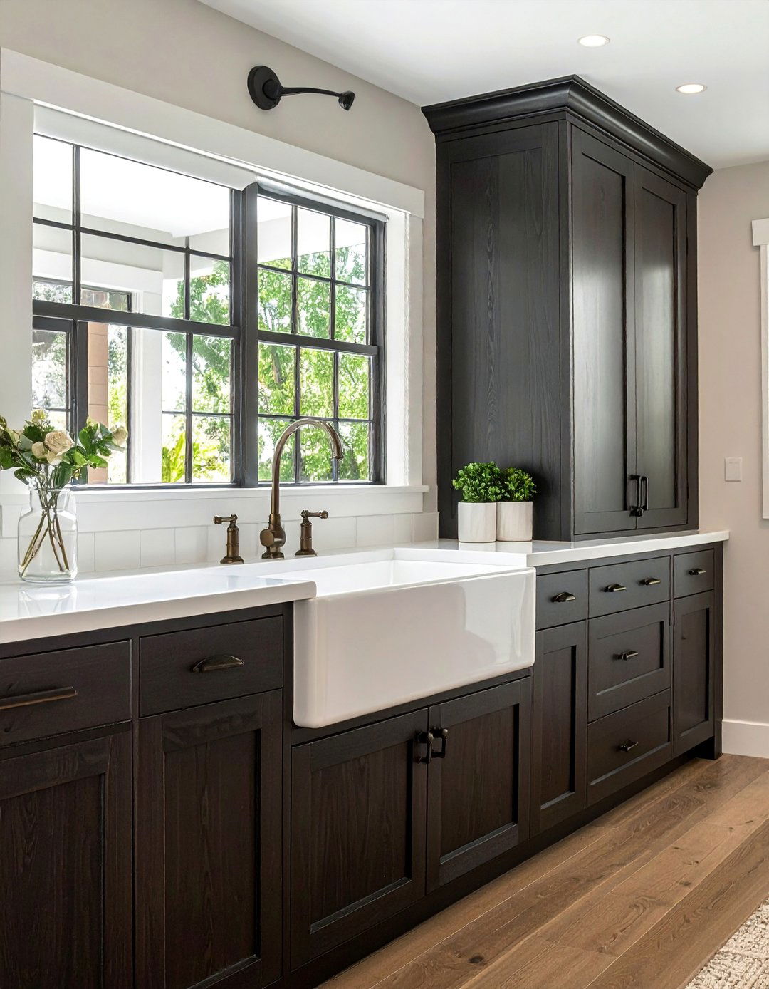 Dark Wood Shaker Cabinets with a Farmhouse Sink - 30 Dark Wood Kitchen Cabinets for a Timeless Look