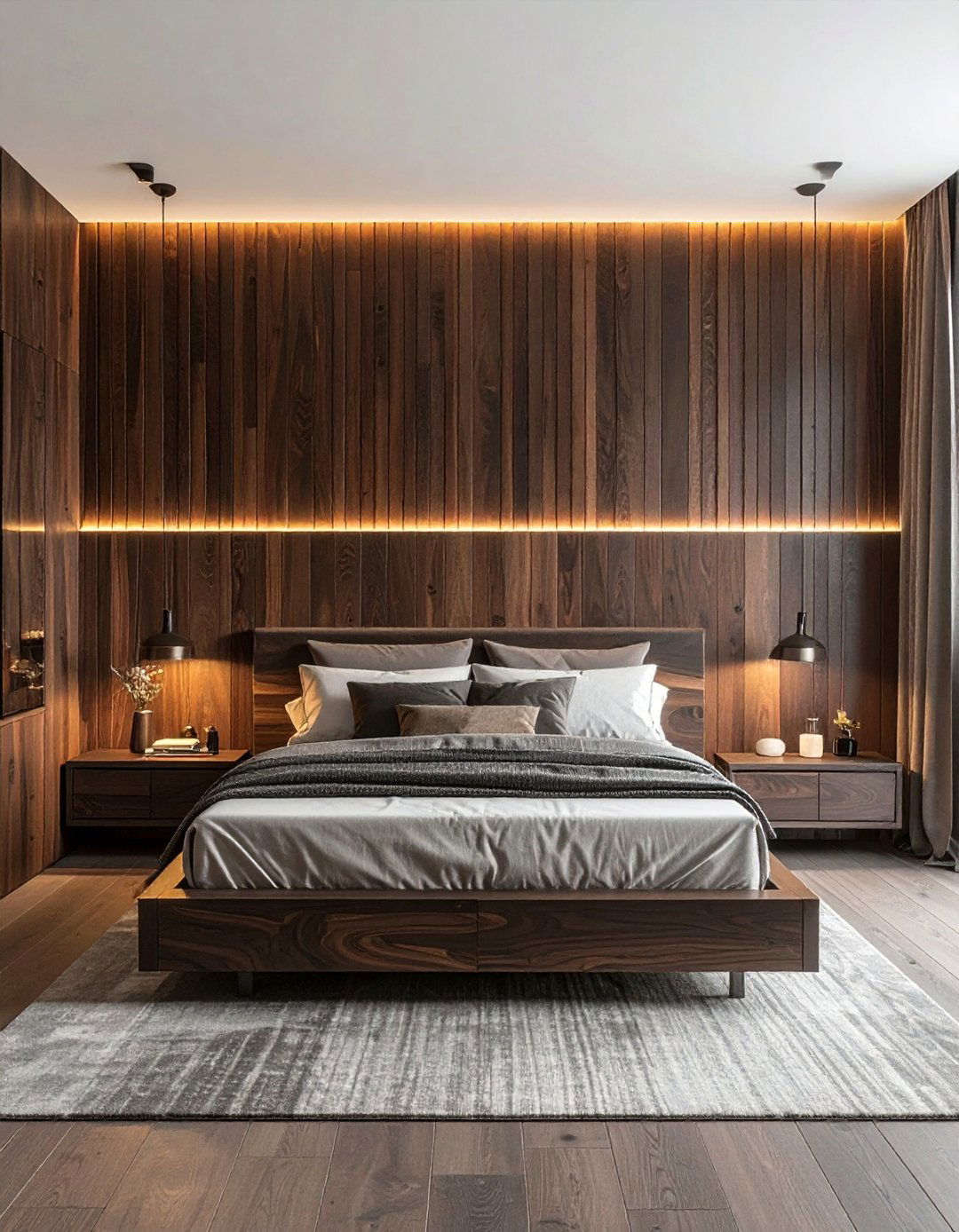 Dark Wood Slat Accent Wall - 20 Dark Wood Bedroom Ideas for a Cozy Retreat