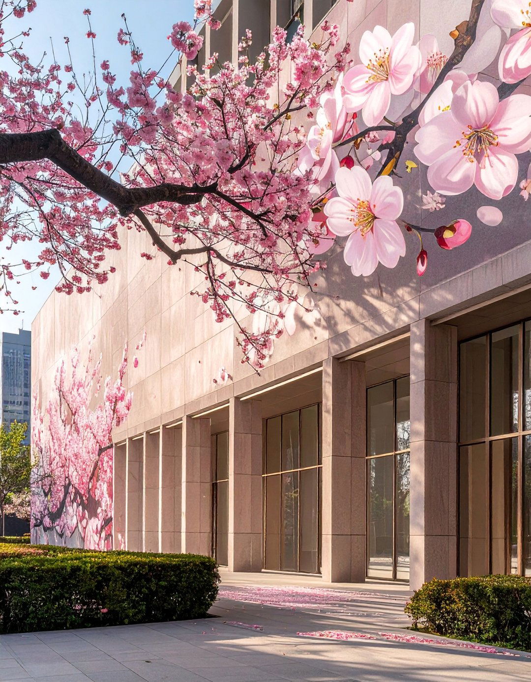 Delicate Cherry Blossom Branch Murals on Buildings - 20 Flower Murals on Buildings to Brighten Urban Landscapes