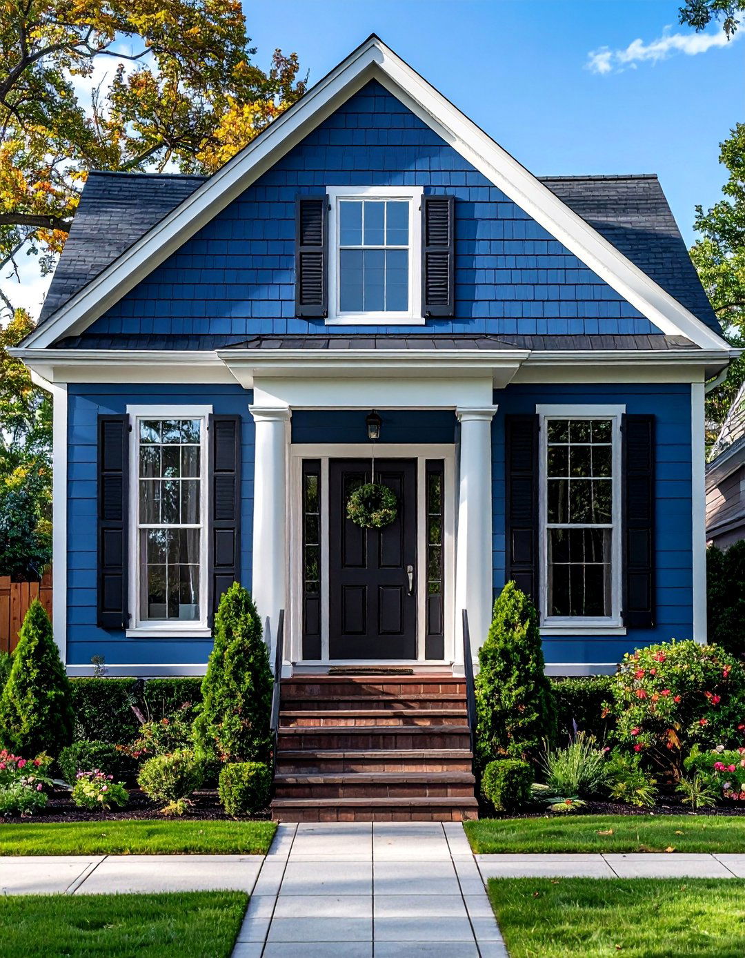 Denim Blue Siding with Black Shutters - 30 Blue Exterior House Paint Ideas for Curb Appeal