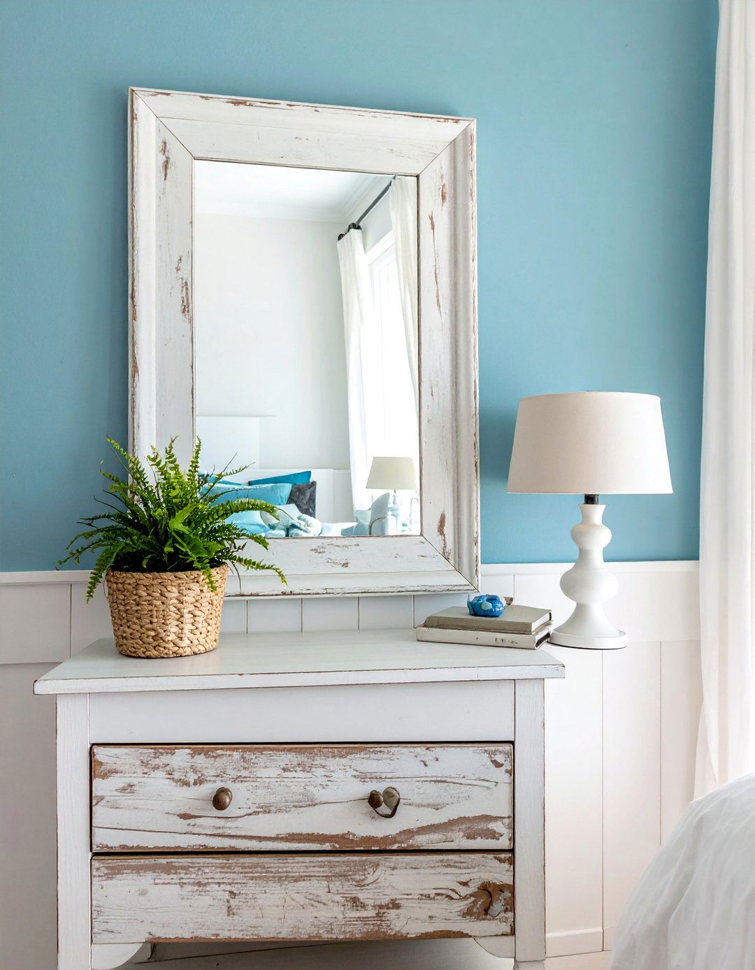 Distressed White Wood Mirrors - 30 Mirror Behind Nightstand Ideas for Stylish Bedrooms