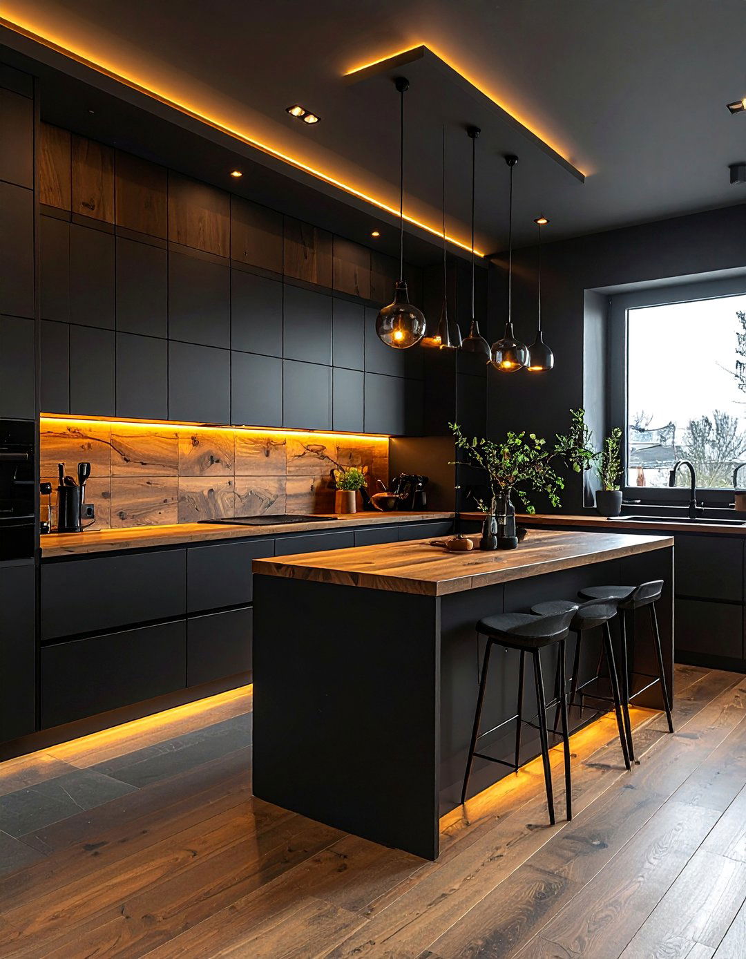 Dramatic All Black Kitchen with Warm Wood Counters - 25 Stunning Kitchen Ideas with Black Cabinets & Wood Countertops