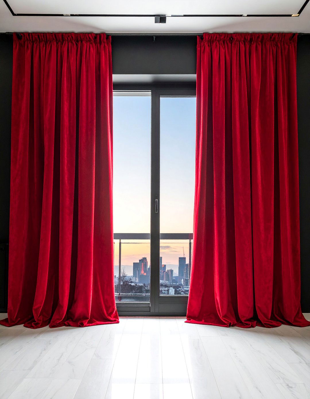 Dramatic Red Curtains in a Black Themed Room - 25 Black and Red Living Room Ideas for Bold Interiors