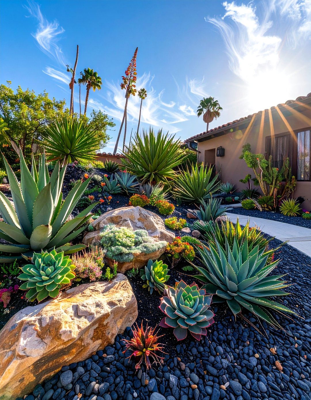Drought Tolerant Succulent and Agave Gardens - 20 Front Yard Spanish Style Landscaping Ideas