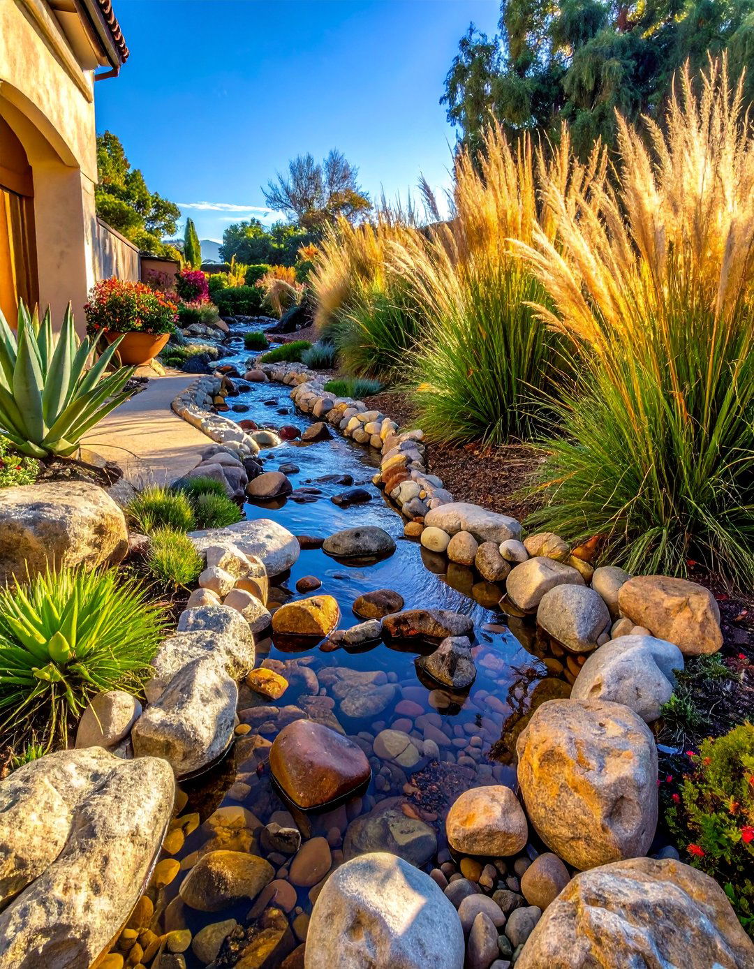 Dry Creek Bed for Natural Drainage - 20 Front Yard Spanish Style Landscaping Ideas