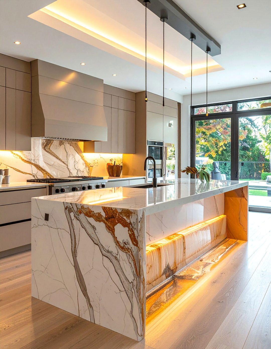 Dual Level Quartz Waterfall Island - 15 Waterfall Kitchen Island Ideas for Modern Homes