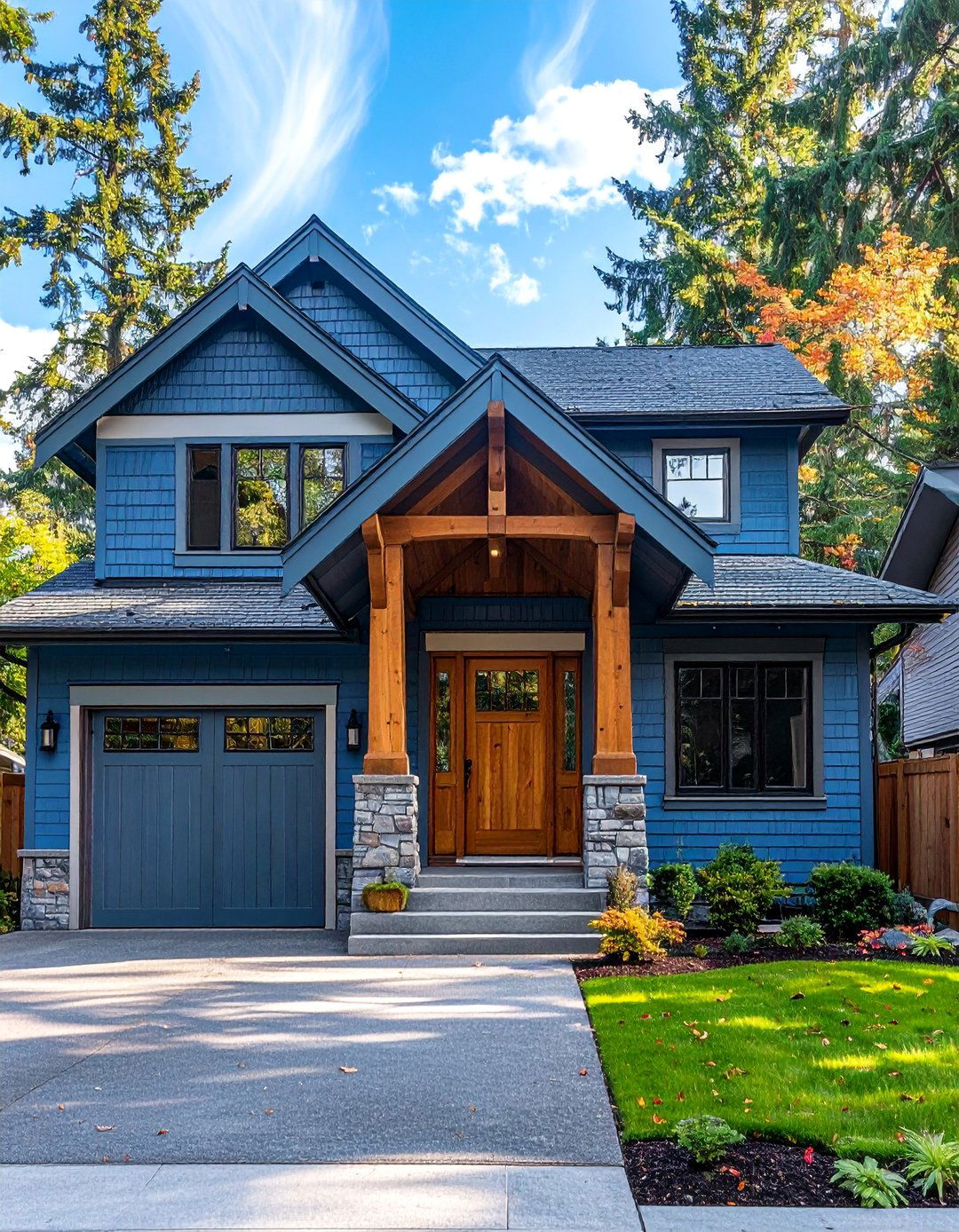 Dusty Blue Exterior with Natural Wood Accents - 30 Blue Exterior House Paint Ideas for Curb Appeal