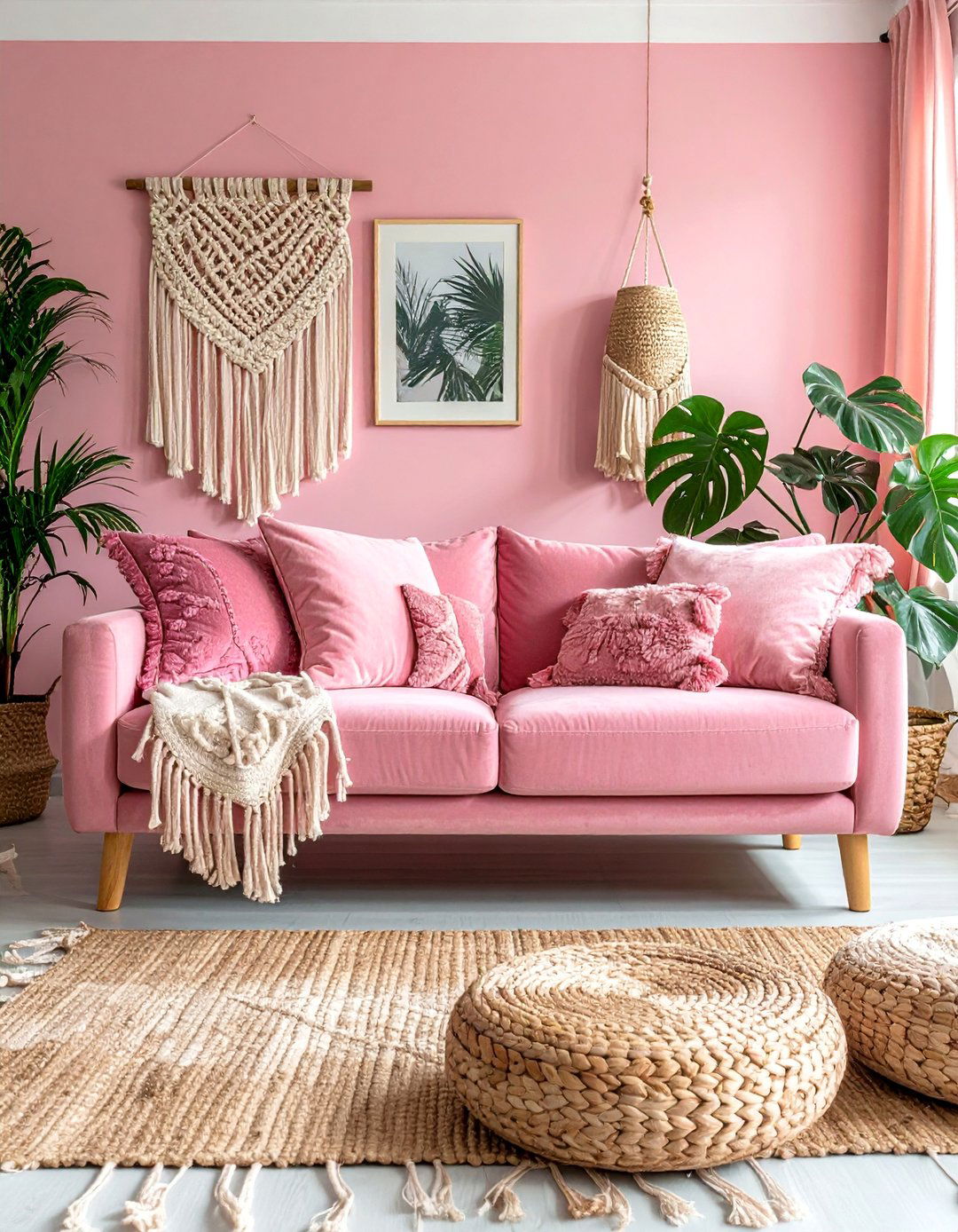 Dusty Rose Pink Couch in a Bohemian Setting - 20 Pink Couch Living Room Ideas for a Bold Look