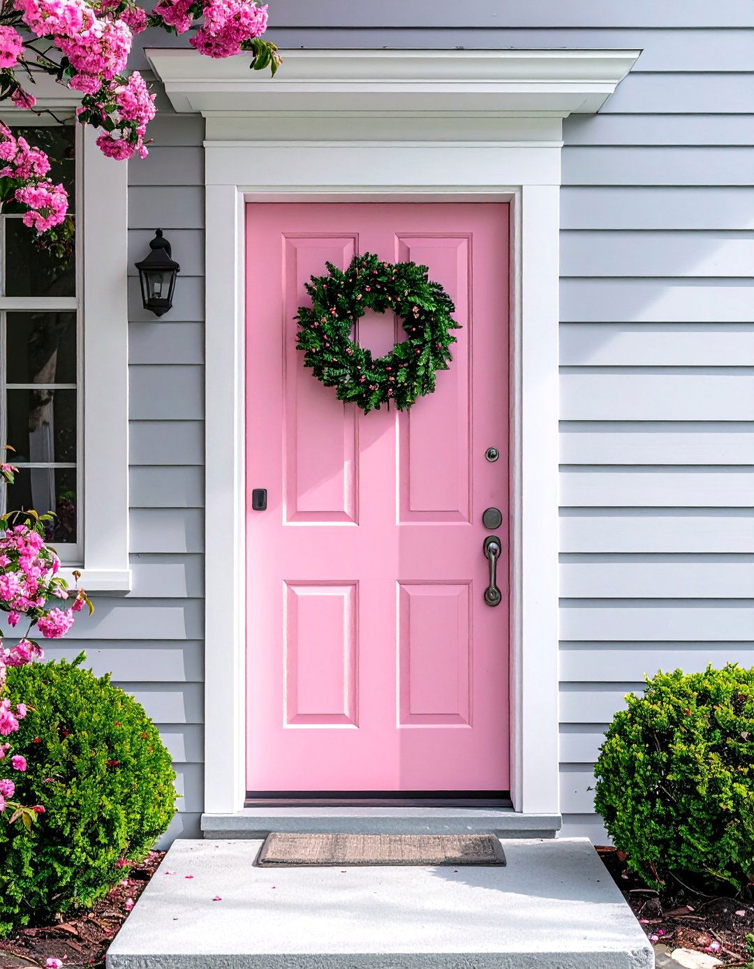 Dusty Rose Pink Front Door on a Gray House - 20 Pink Front Door Ideas for a Charming Entrance