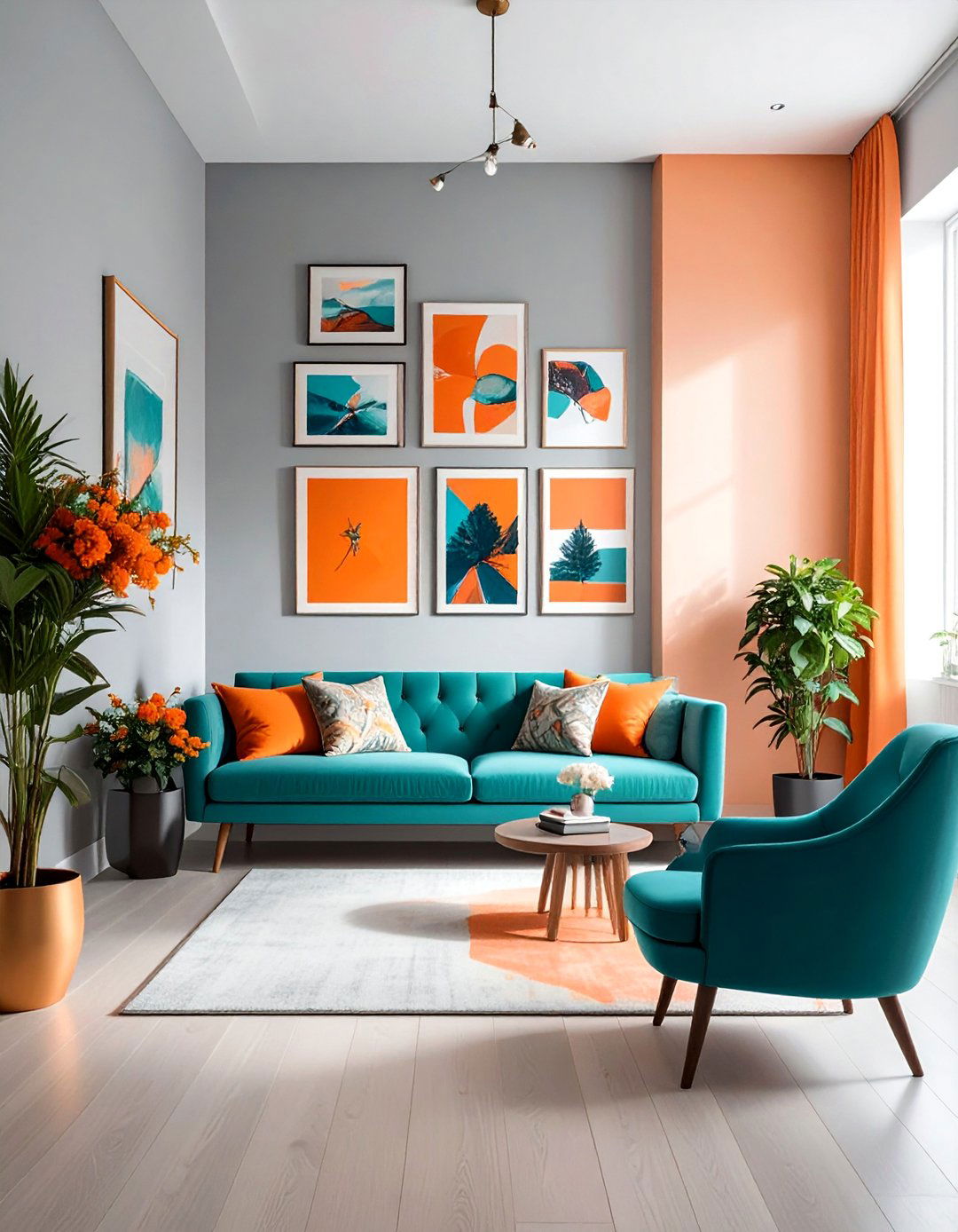 Eclectic Gallery Wall with Teal and Orange Art - 20 Teal and Orange Color Scheme Ideas for Your Rooms