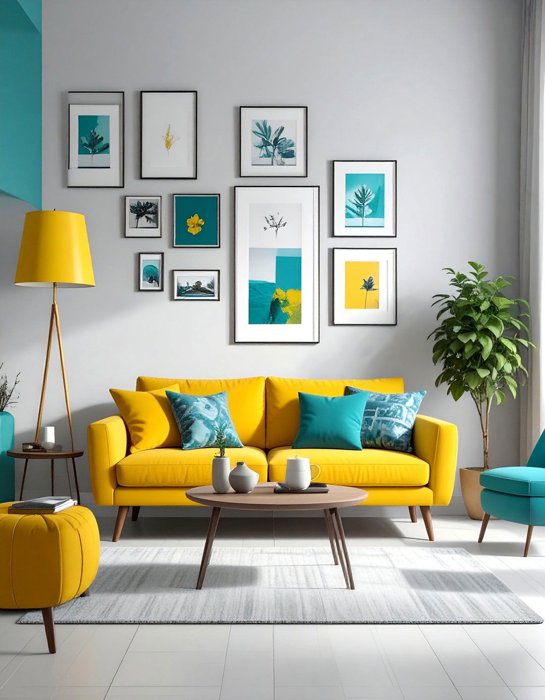 Eclectic Gallery Wall with Teal and Yellow Frames - 25 Vibrant Teal and Yellow Living Room Ideas