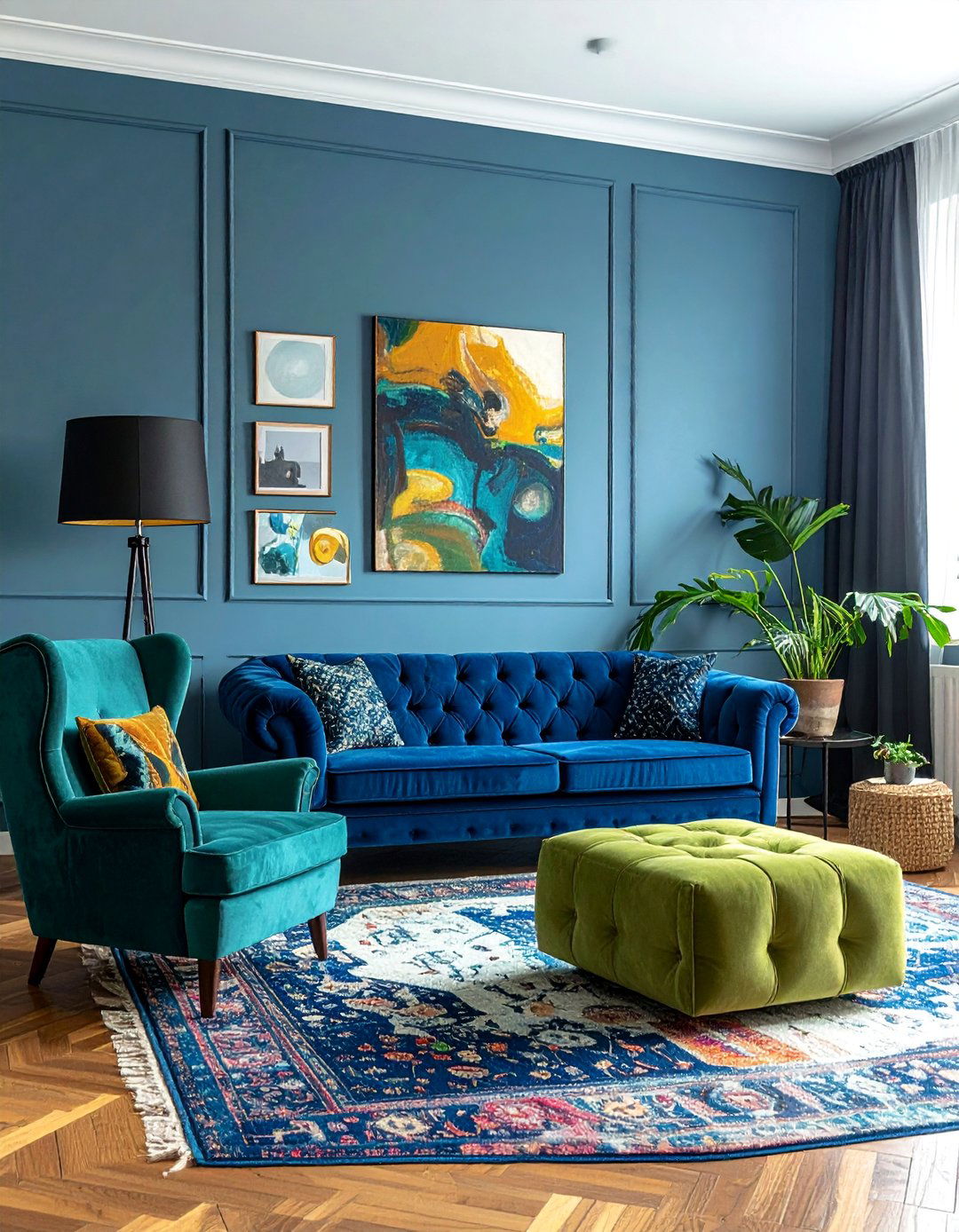 Eclectic Living Room with Mismatched Blue and Green Furniture - 20 Blue and Green Living Room Ideas for a Fresh Look