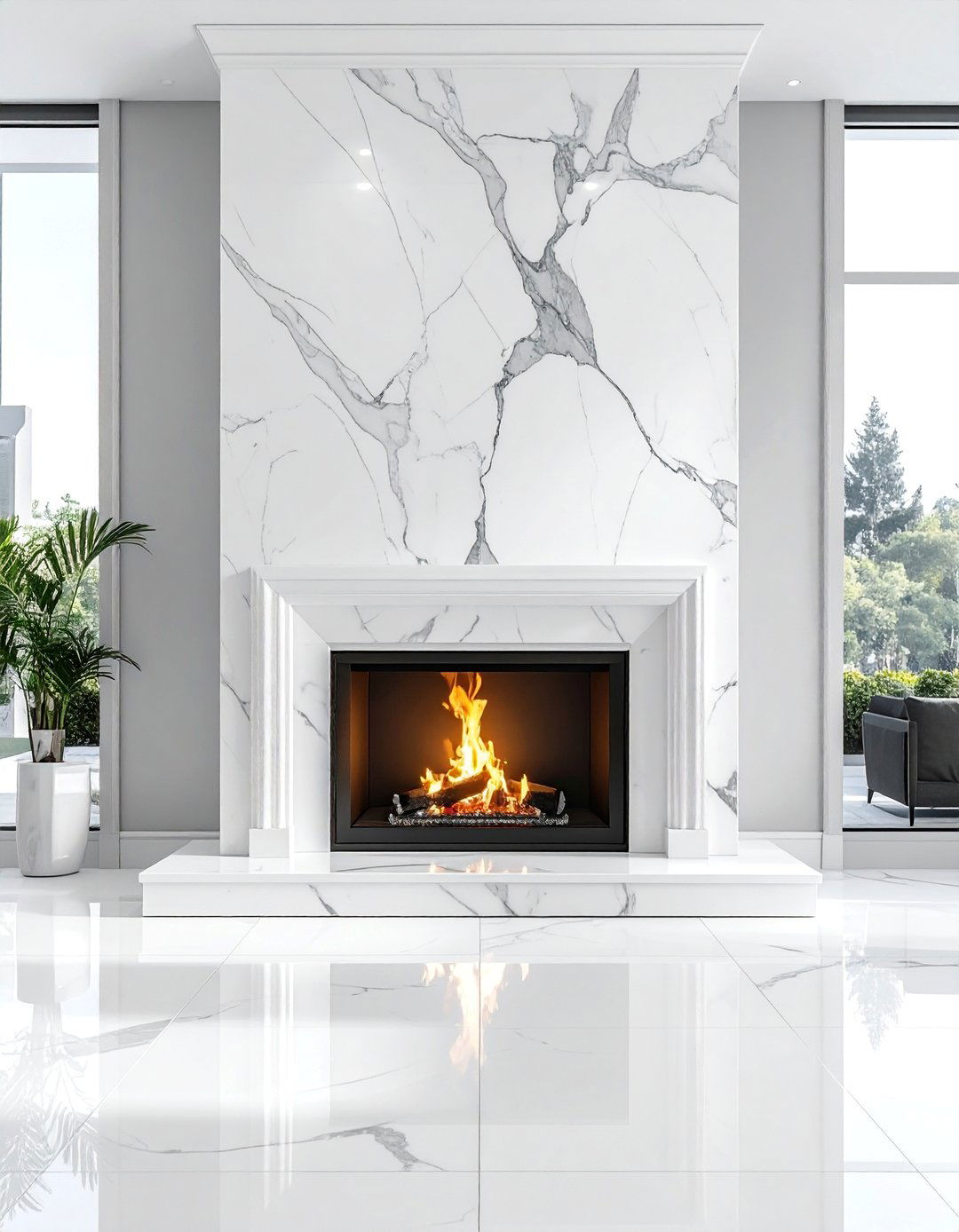 Elegant White Marble Fireplace Surround - 25 Stunning Two-Story Fireplace Design Ideas