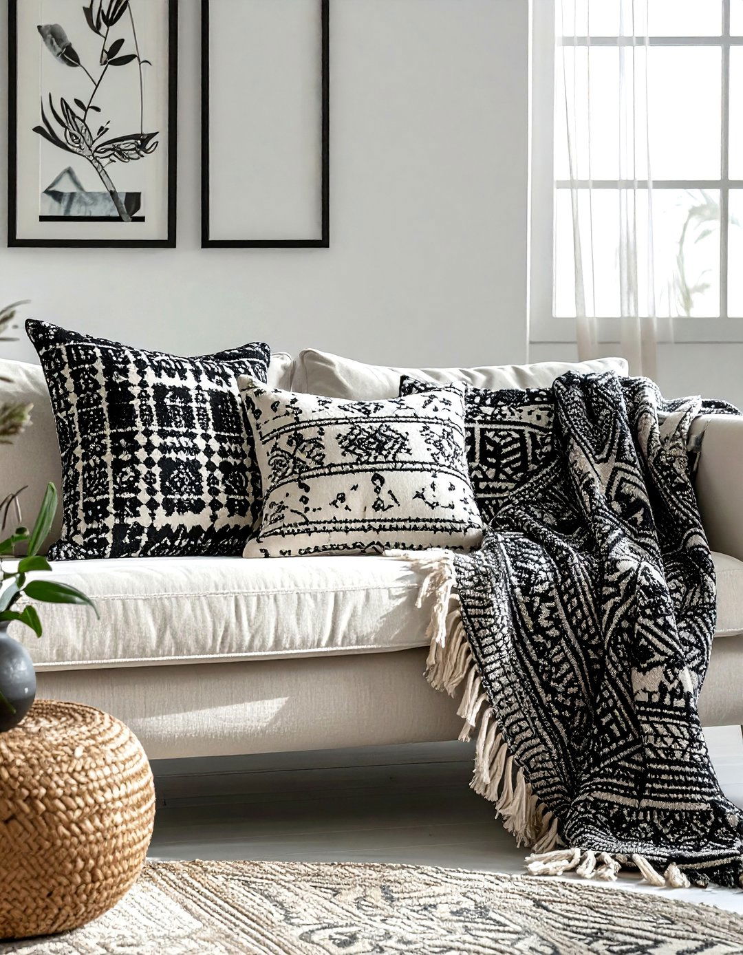 Embracing Mudcloth Patterns - 20 Black and White Boho Living Room Ideas for a Cozy Vibe