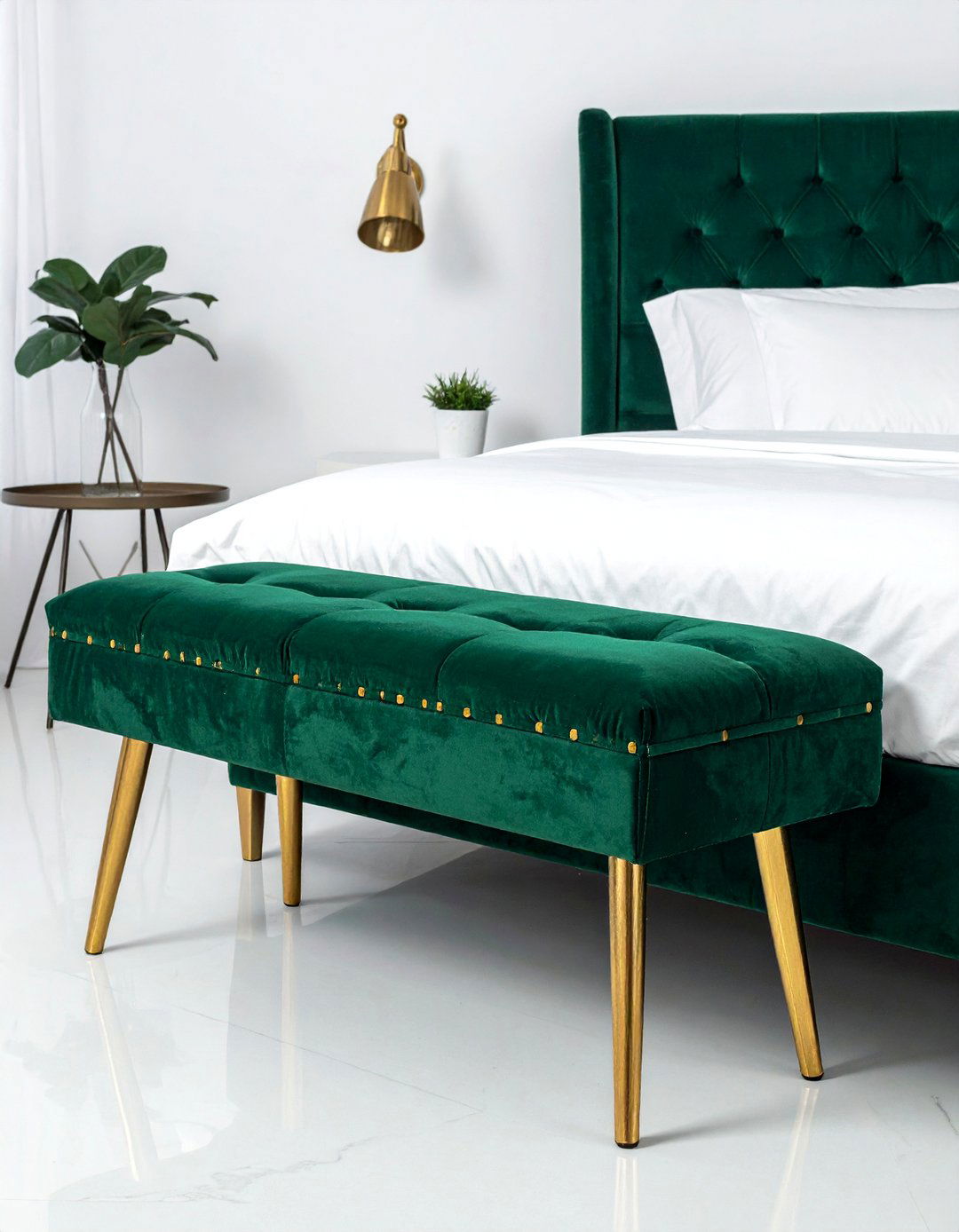 Emerald Green Bed Bench with Gold Legs - 20 Emerald Green and Gold Bedroom Ideas for a Luxe Look