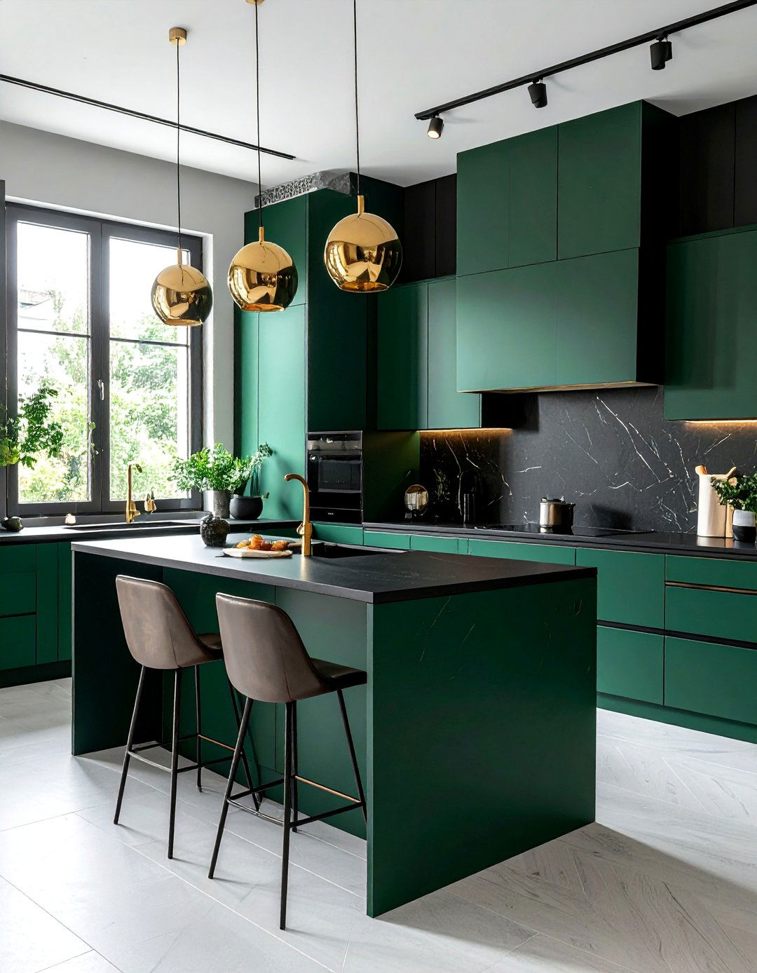 Emerald Green Cabinets with Matte Black Countertops - 30 Black and Green Kitchen Ideas for a Modern Twist