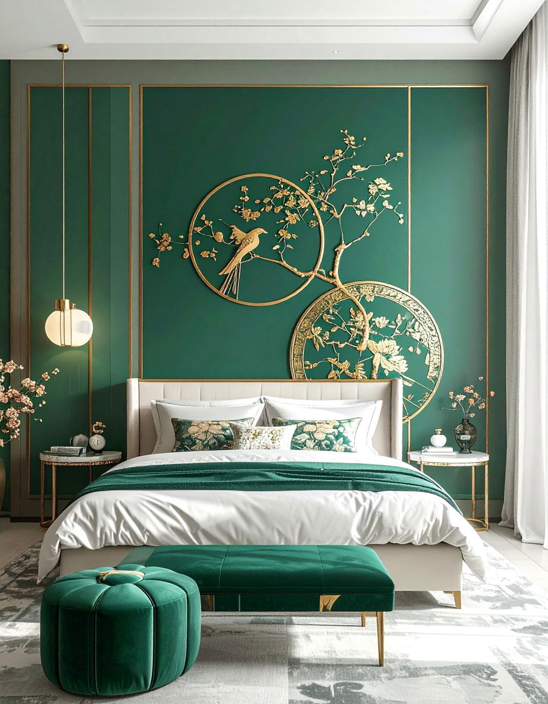 Emerald Green Chinoiserie Panels with Gold Details - 20 Emerald Green and Gold Bedroom Ideas for a Luxe Look