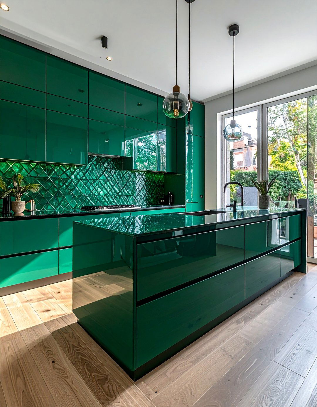 Emerald Green Glass Statement - 40 Kitchen Backsplash Ideas for White Cabinets
