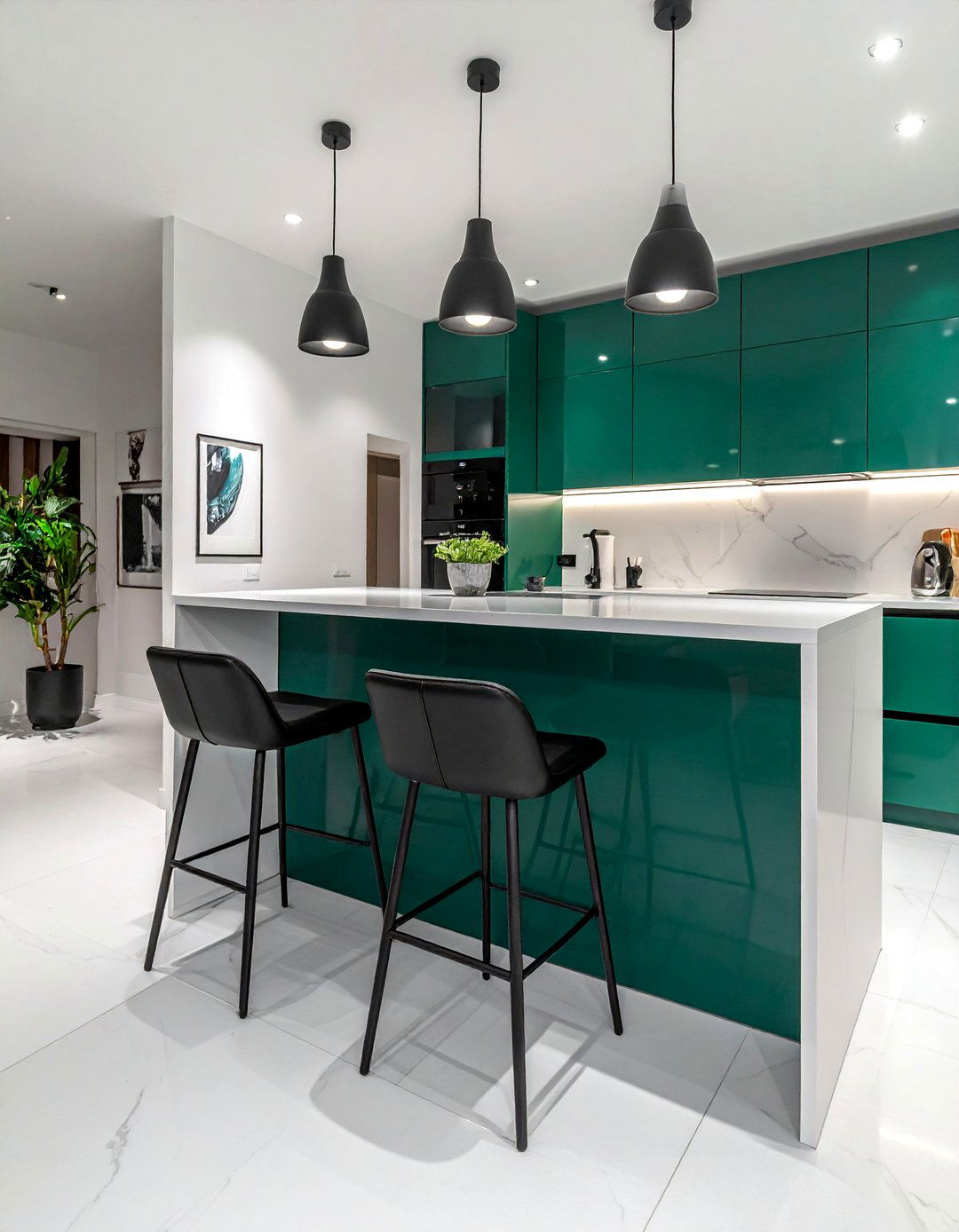 Emerald Green Kitchen Island with Black Leather Stools - 30 Black and Green Kitchen Ideas for a Modern Twist