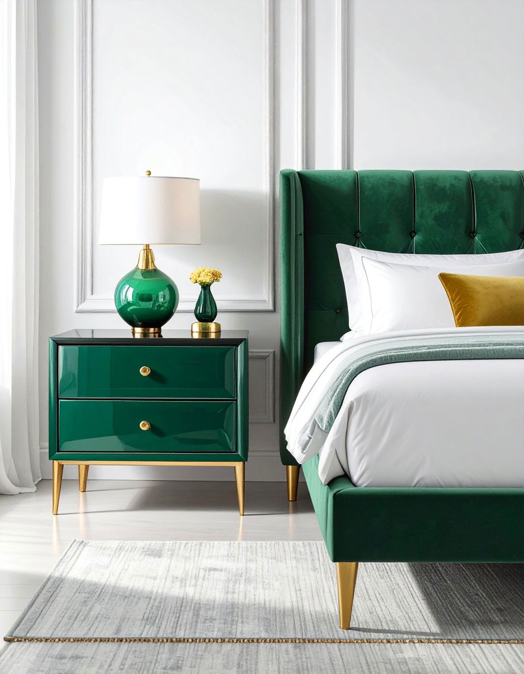 Emerald Green Lacquered Nightstands with Gold Hardware - 20 Emerald Green and Gold Bedroom Ideas for a Luxe Look