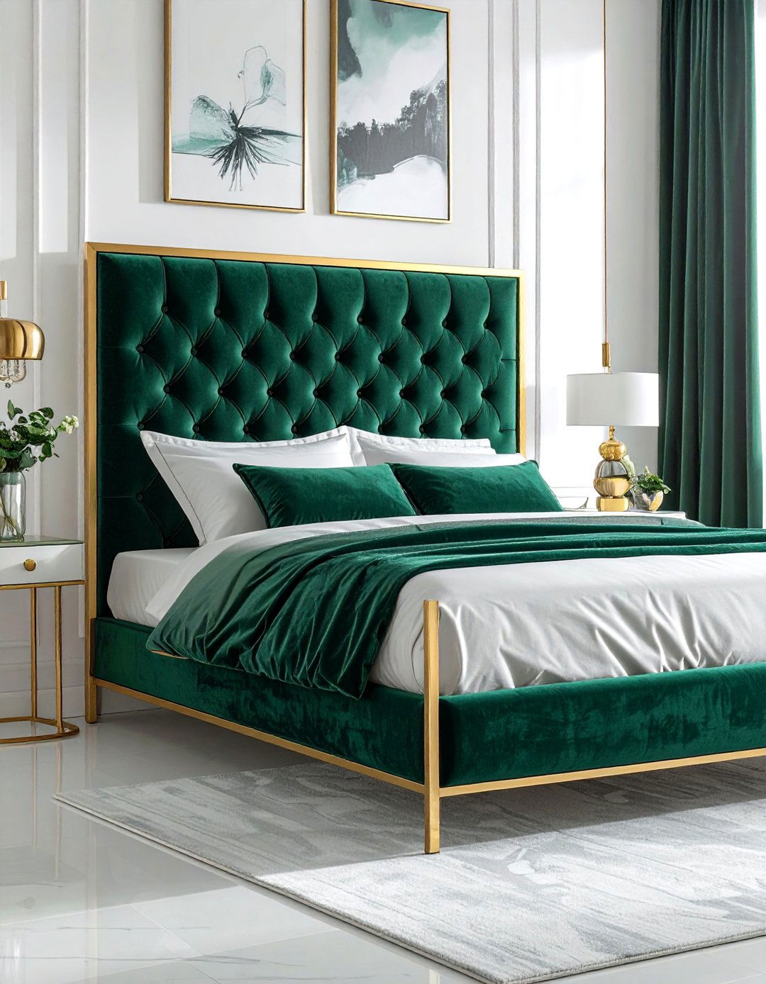 Emerald Green Velvet Headboard and Gold Frame - 20 Emerald Green and Gold Bedroom Ideas for a Luxe Look
