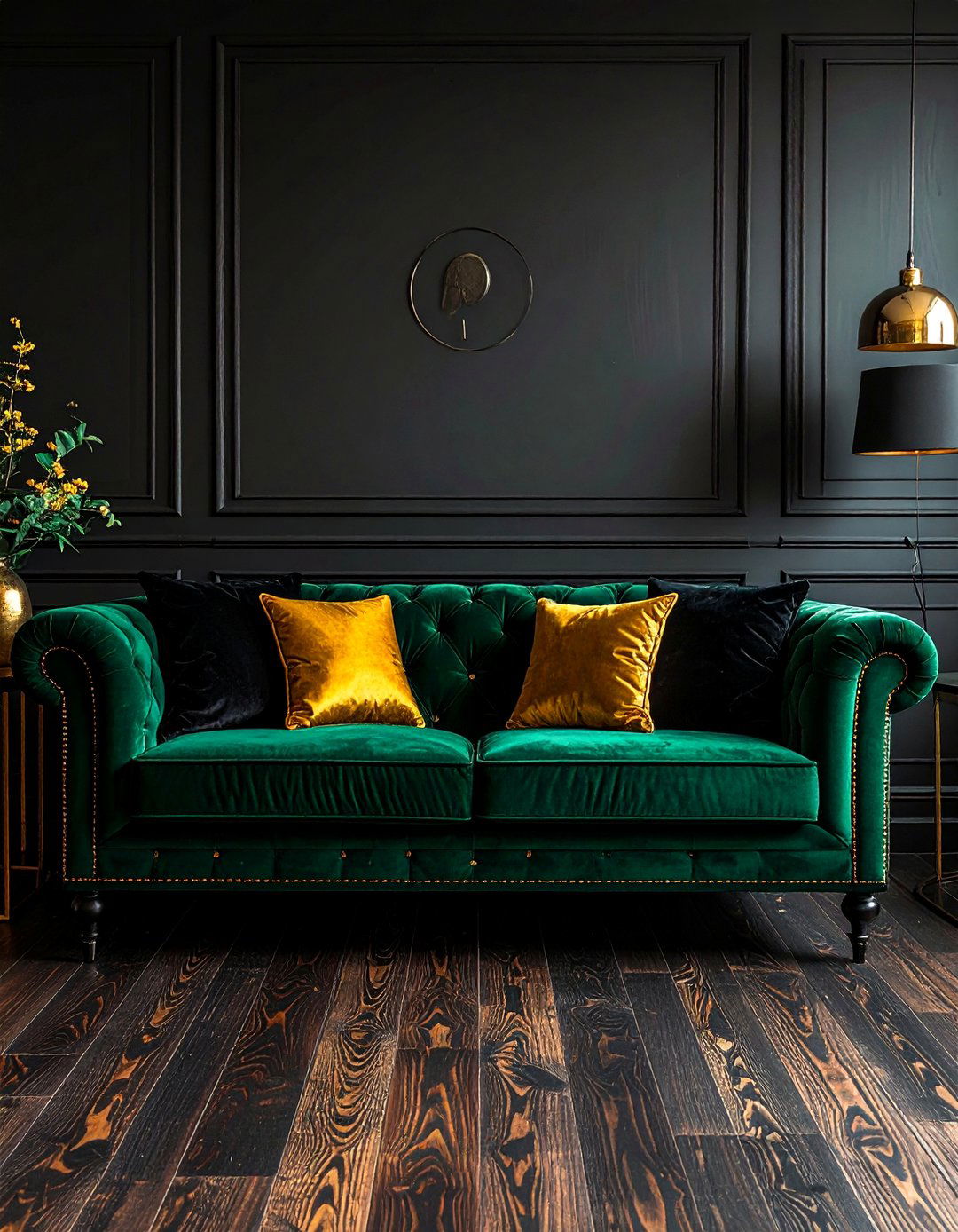 Emerald Green Velvet Sofa in a Black Living Room - 30 Black and Green Living Room Ideas for a Luxe Feel