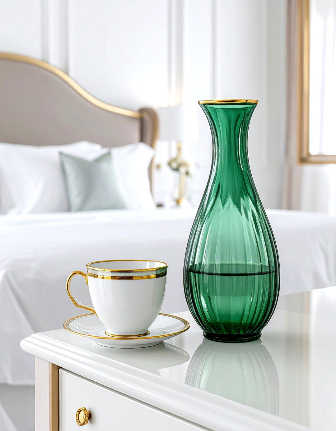 Emerald Green and Gold Bedside Carafe Set - 20 Emerald Green and Gold Bedroom Ideas for a Luxe Look