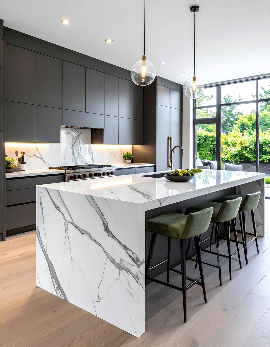 Engineered Quartz Multi Pattern Design - 15 Waterfall Kitchen Island Ideas for Modern Homes
