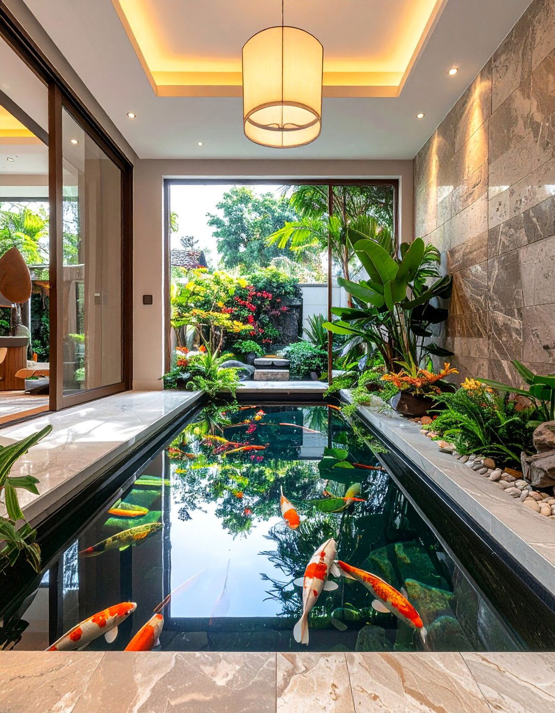Entry Foyer Koi Pond Welcome - 20 Indoor Koi Pond Ideas for a Tranquil Home Environment