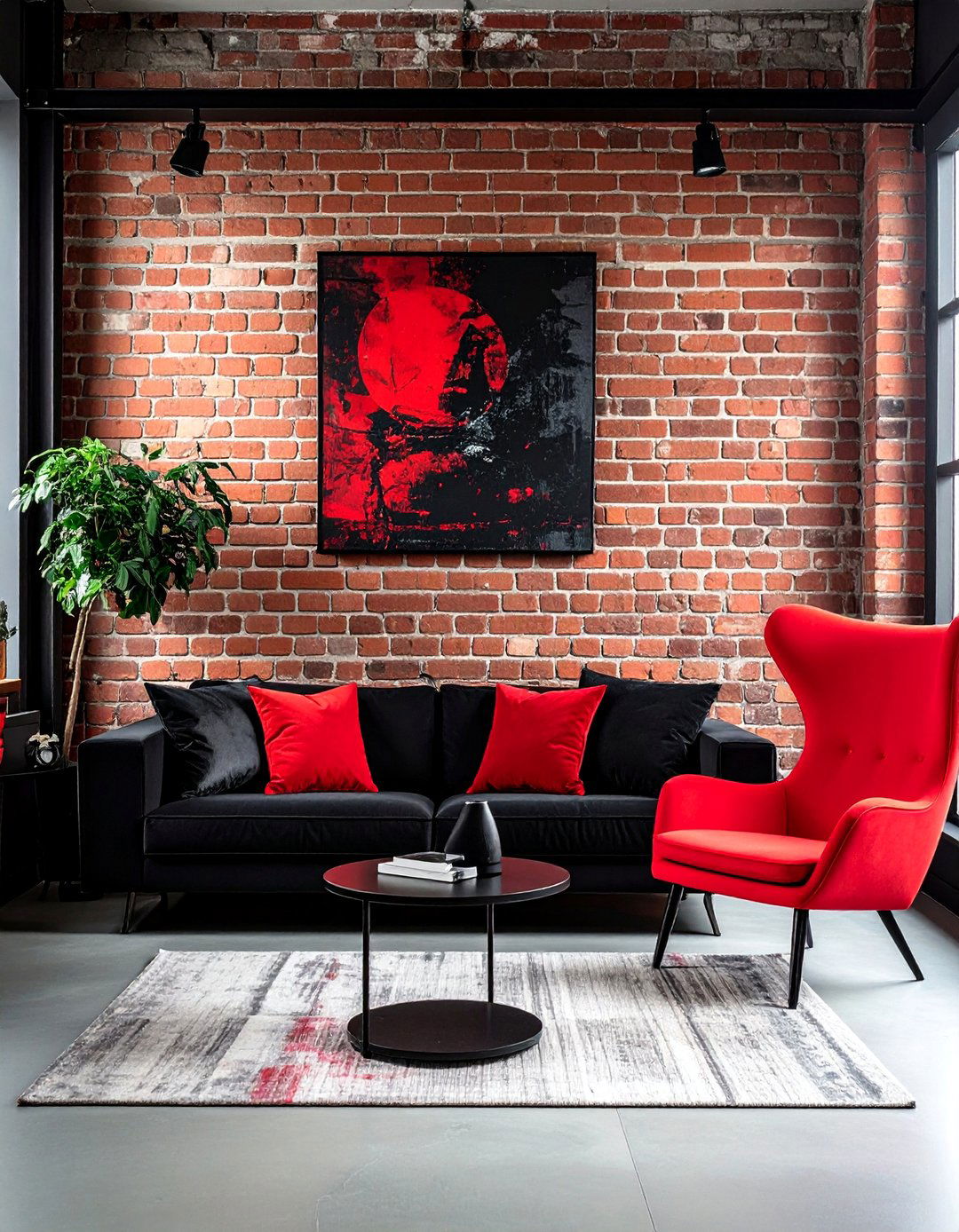Exposed Brick Wall with Black and Red Furniture - 25 Black and Red Living Room Ideas for Bold Interiors