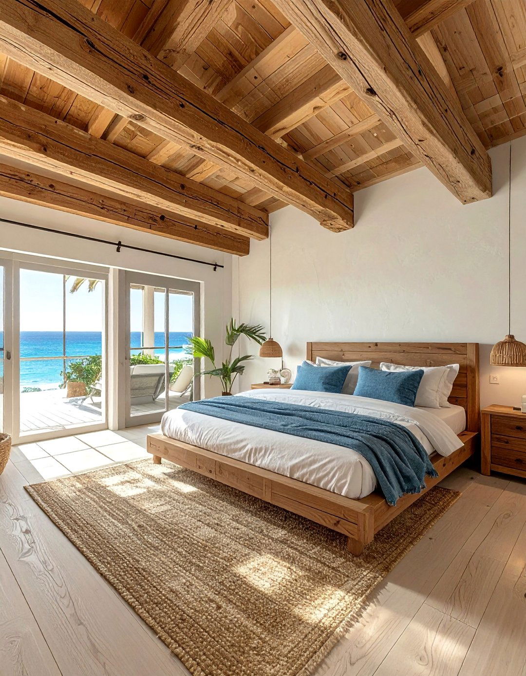 Exposed Wood Beams in an Ocean themed Bedroom - 40 Ocean-themed Bedroom Ideas for a Serene Retreat