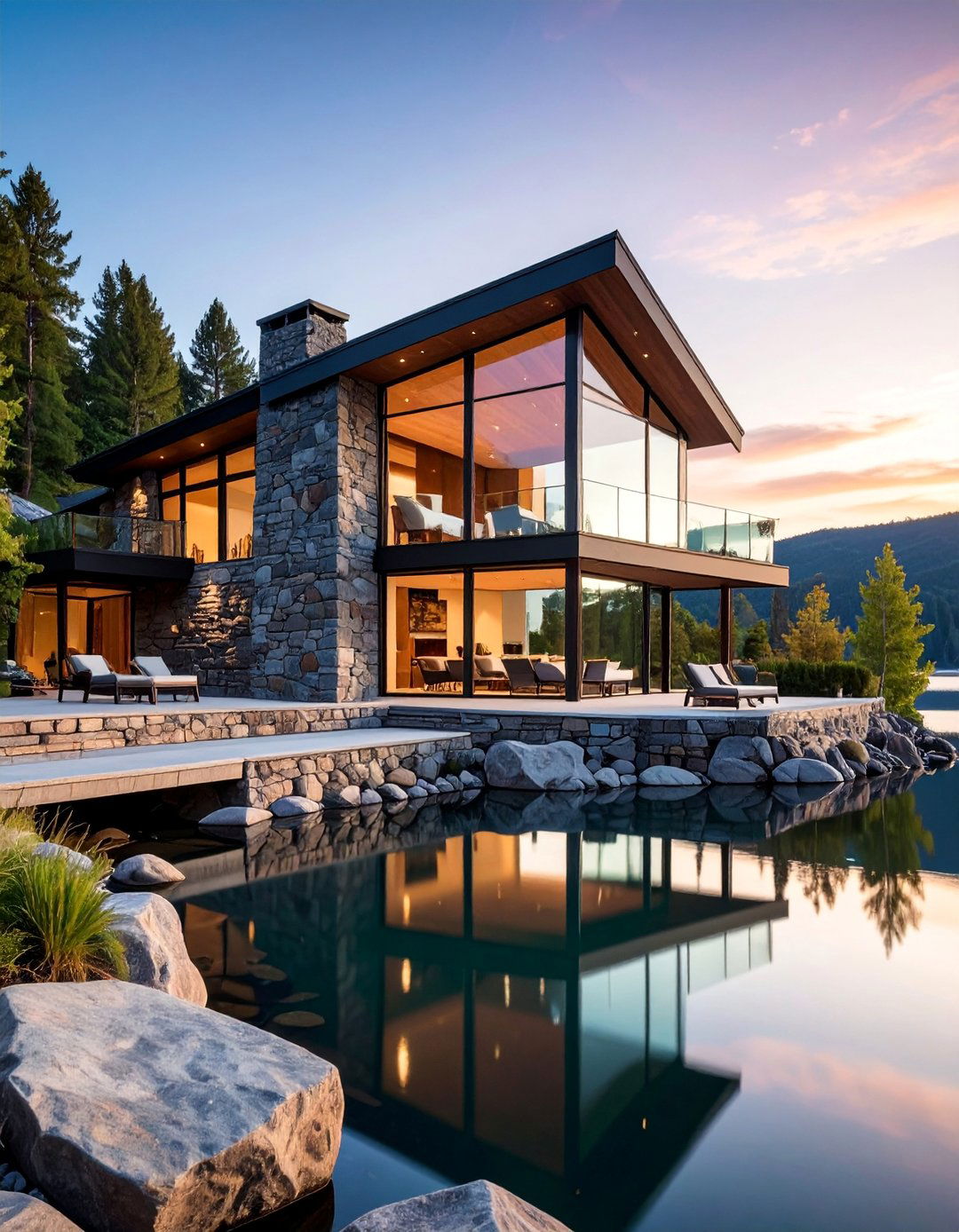 Exterior Stone and Glass Combination - 30 Stunning Stone Exterior Home Ideas for Curb Appeal