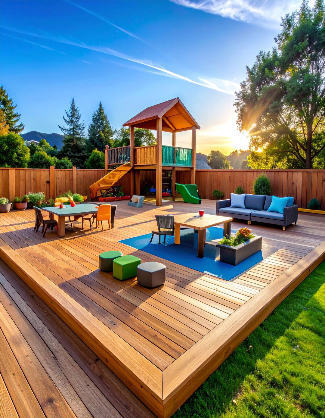 Family Game Deck with Adventure Playground Patio - 30 Deck and Patio Combination Ideas for Outdoor Living