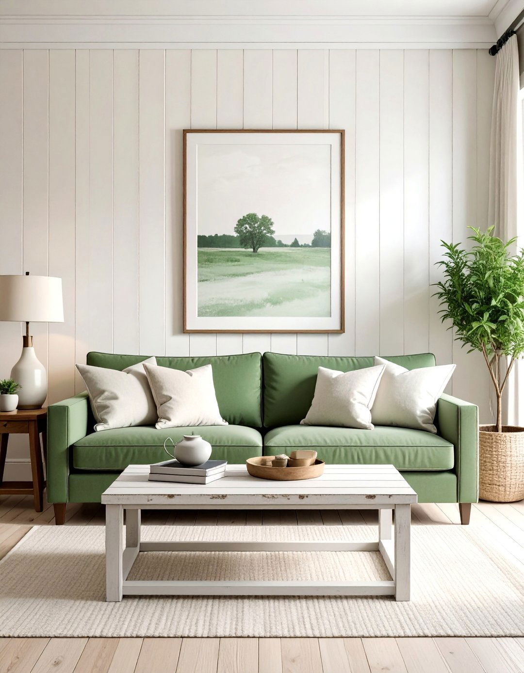 Farmhouse Aesthetic with Distressed Finishes - 25 Sage Green and Cream Living Room Ideas