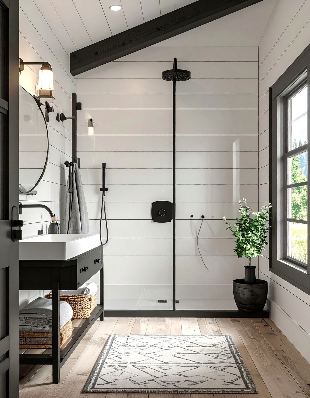 Farmhouse Bathroom with Black Metal Fixtures - 40 Farmhouse Bathroom Ideas for Rustic Charm