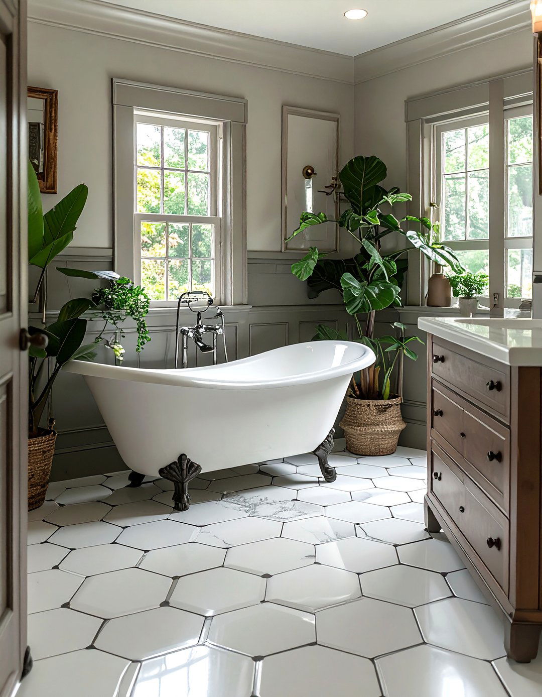 Farmhouse Bathroom with Hexagon Tile Flooring - 40 Farmhouse Bathroom Ideas for Rustic Charm