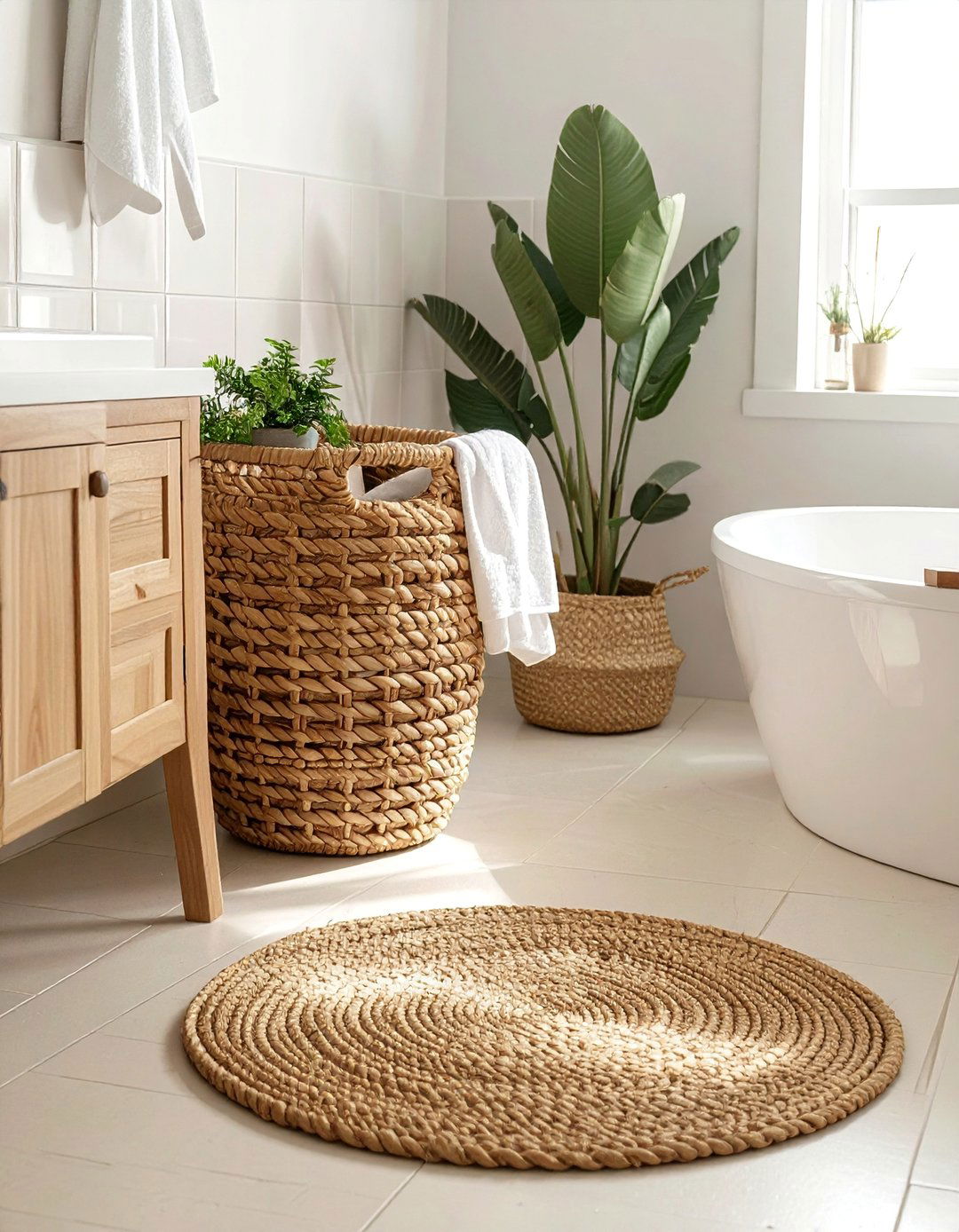 Farmhouse Bathroom with Natural Woven Accents - 40 Farmhouse Bathroom Ideas for Rustic Charm