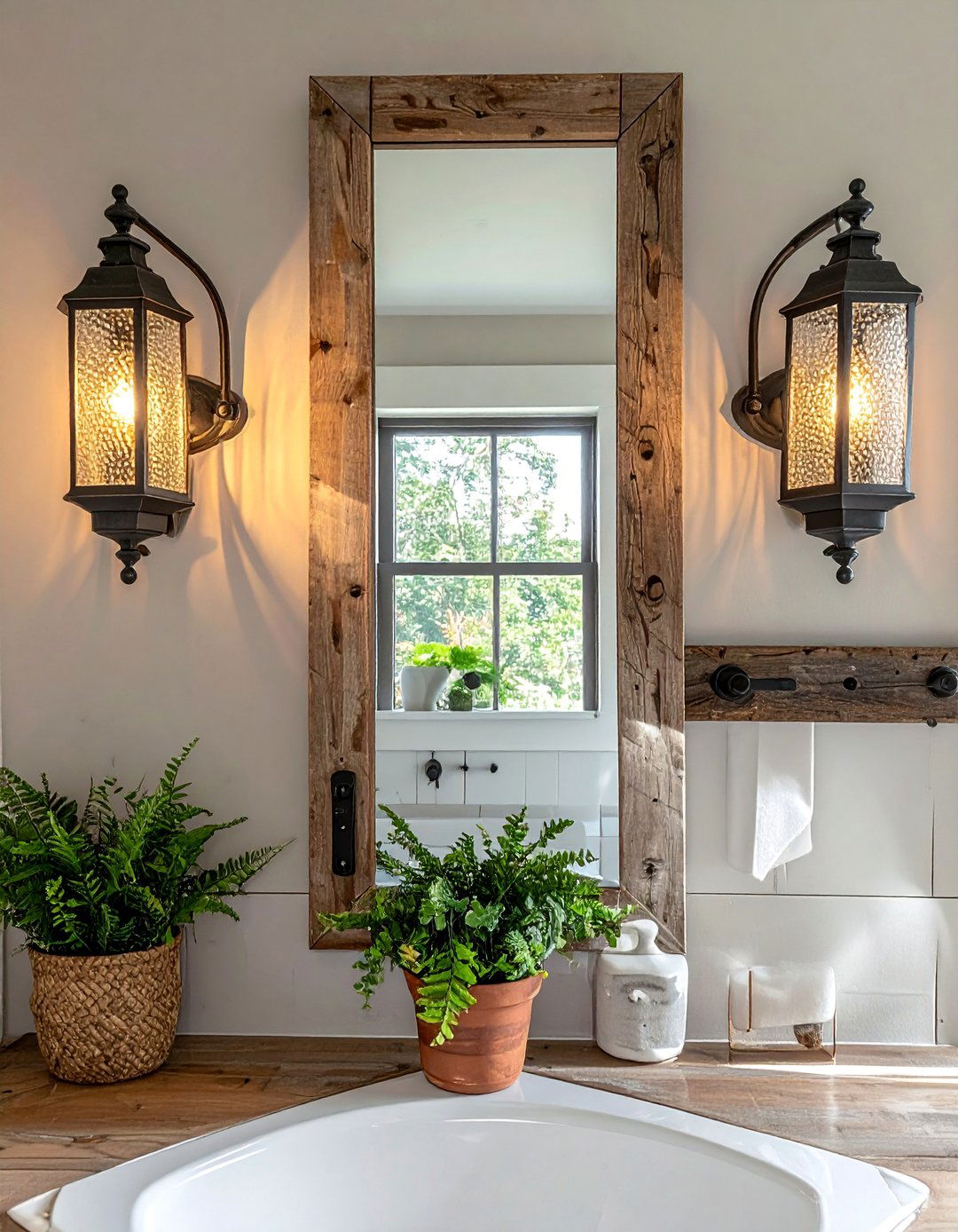 Farmhouse Bathroom with Rustic Wall Sconces - 40 Farmhouse Bathroom Ideas for Rustic Charm