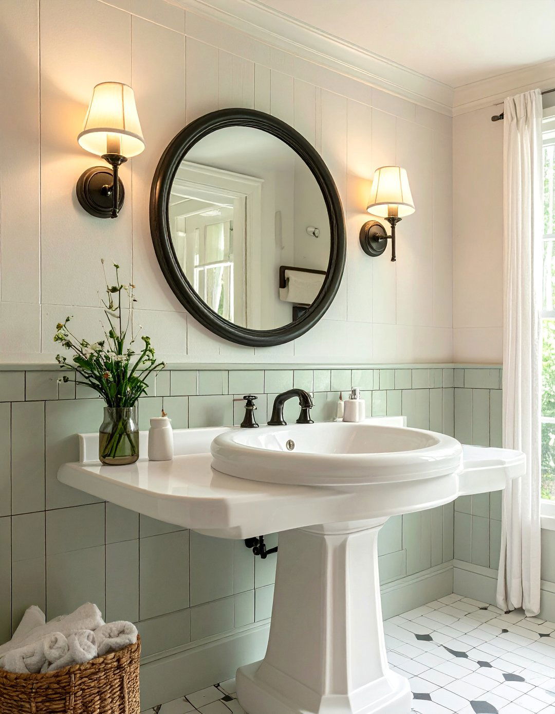 Farmhouse Bathroom with Schoolhouse Lighting - 40 Farmhouse Bathroom Ideas for Rustic Charm