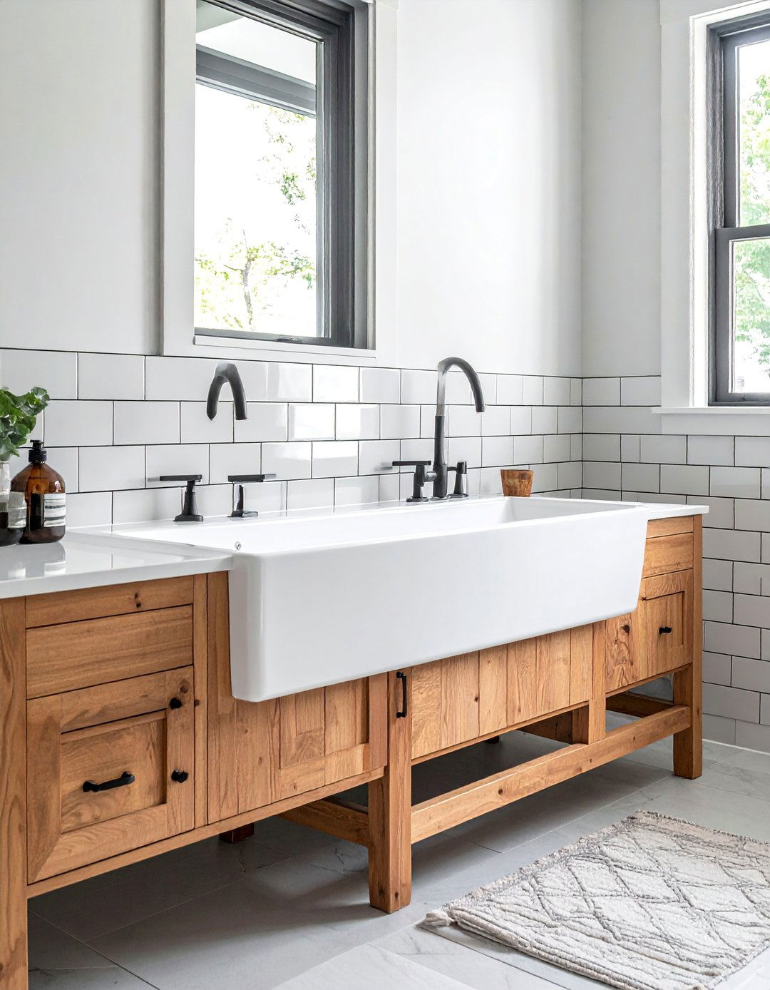 Farmhouse Bathroom with Trough Sink - 40 Farmhouse Bathroom Ideas for Rustic Charm