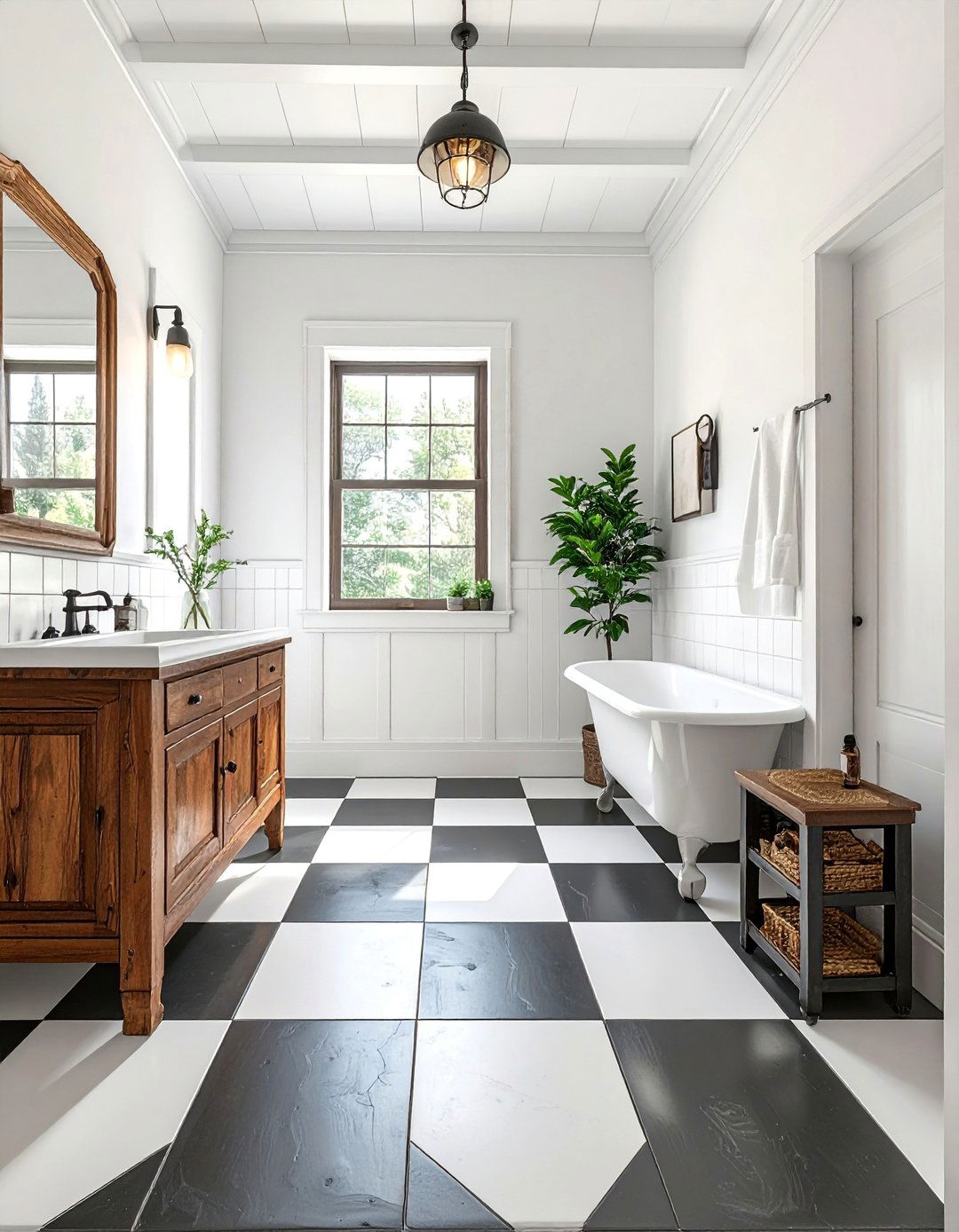 Farmhouse Bathroom with a Checkered Floor Pattern - 40 Farmhouse Bathroom Ideas for Rustic Charm