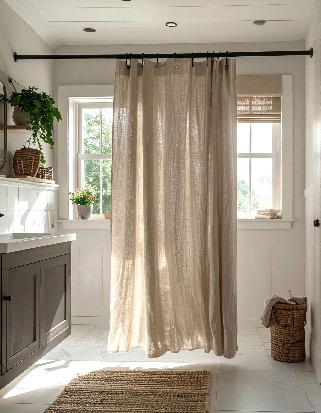 Farmhouse Bathroom with a Curtain Instead of a Door - 40 Farmhouse Bathroom Ideas for Rustic Charm