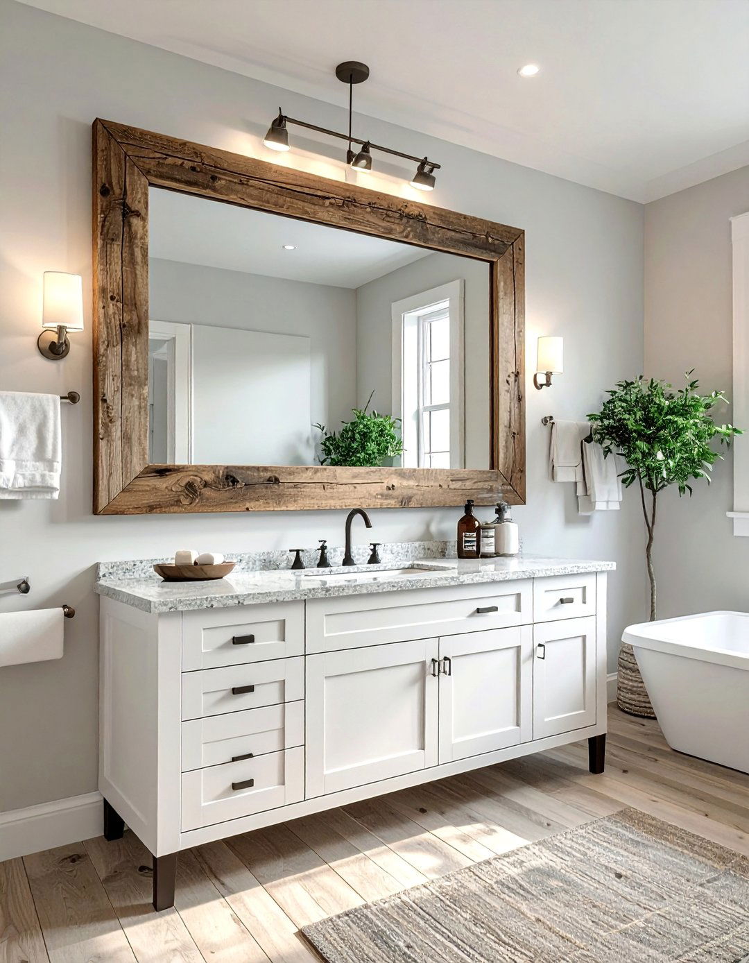 Farmhouse Bathroom with a Framed Mirror - 40 Farmhouse Bathroom Ideas for Rustic Charm