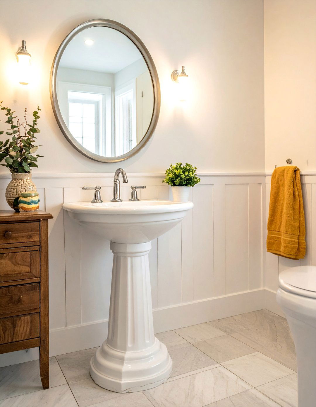 Farmhouse Bathroom with a Pedestal Sink - 40 Farmhouse Bathroom Ideas for Rustic Charm