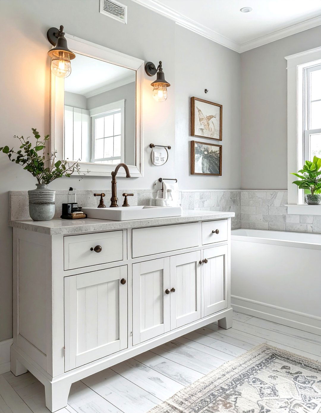 Farmhouse Bathroom with a Repurposed Dresser Vanity - 40 Farmhouse Bathroom Ideas for Rustic Charm