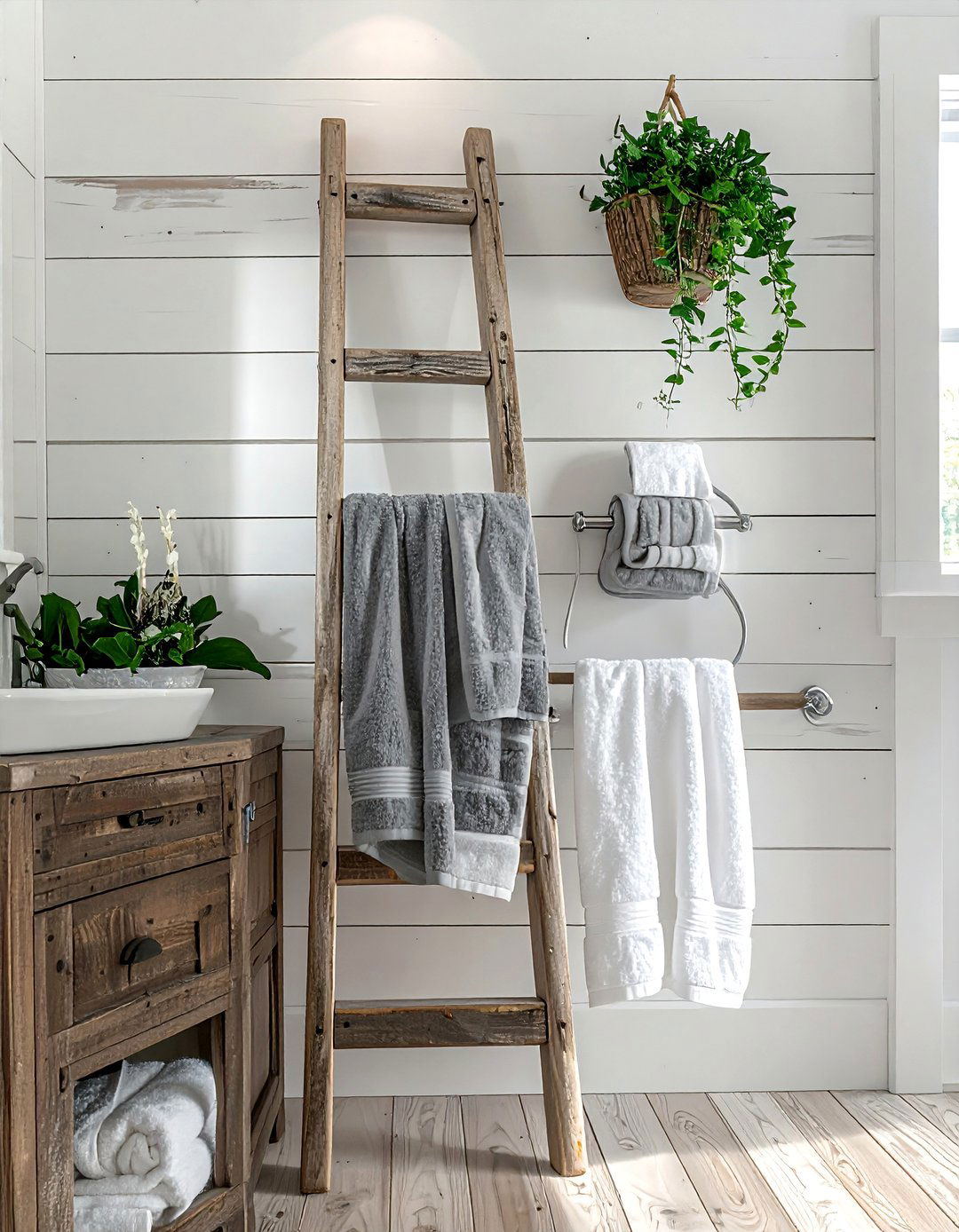 Farmhouse Bathroom with a Wooden Ladder for Towels - 40 Farmhouse Bathroom Ideas for Rustic Charm