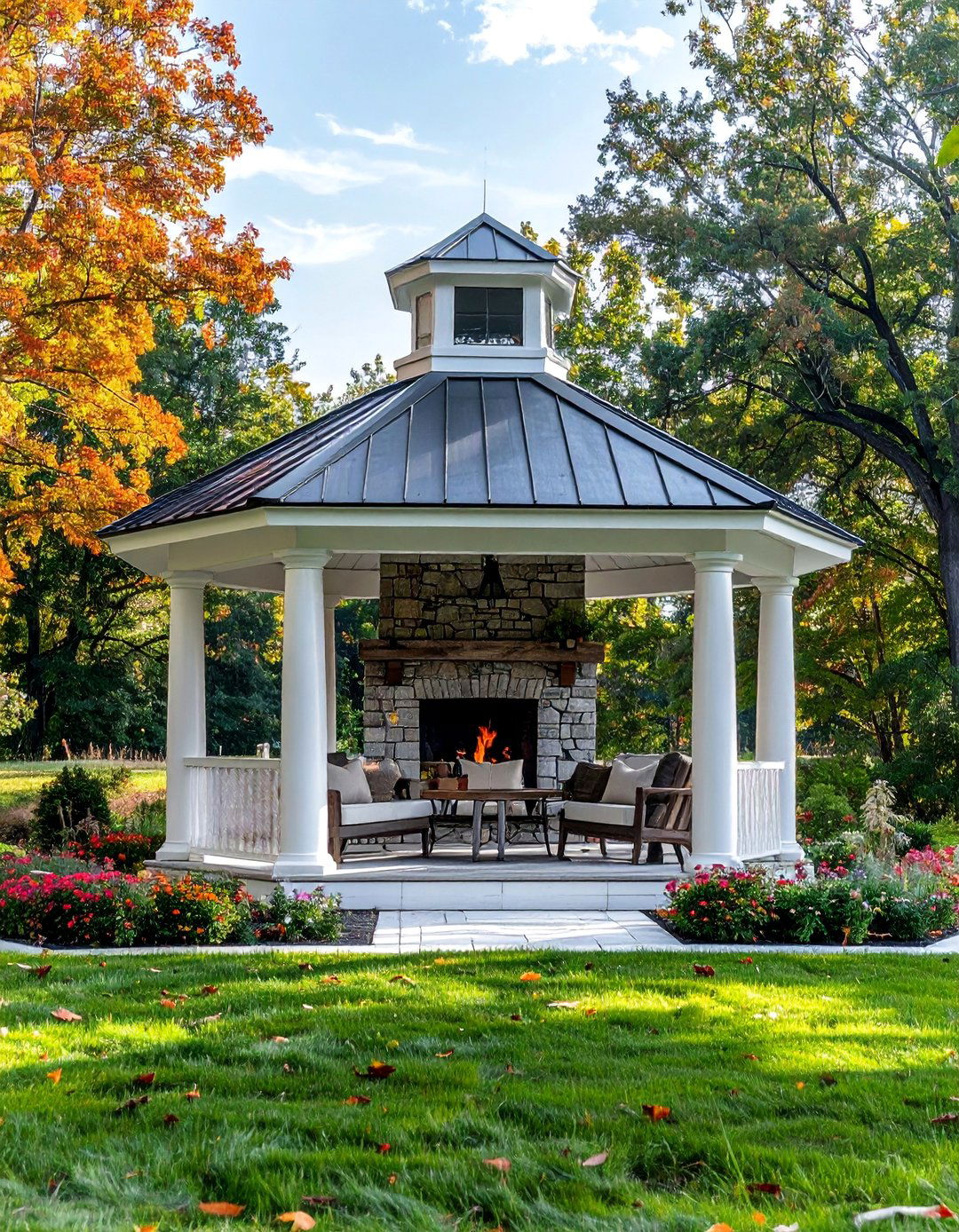 Farmhouse Gazebo with Shiplap Fireplace Surround - 25 Gazebo With Fireplace Ideas for Cozy Outdoor Living